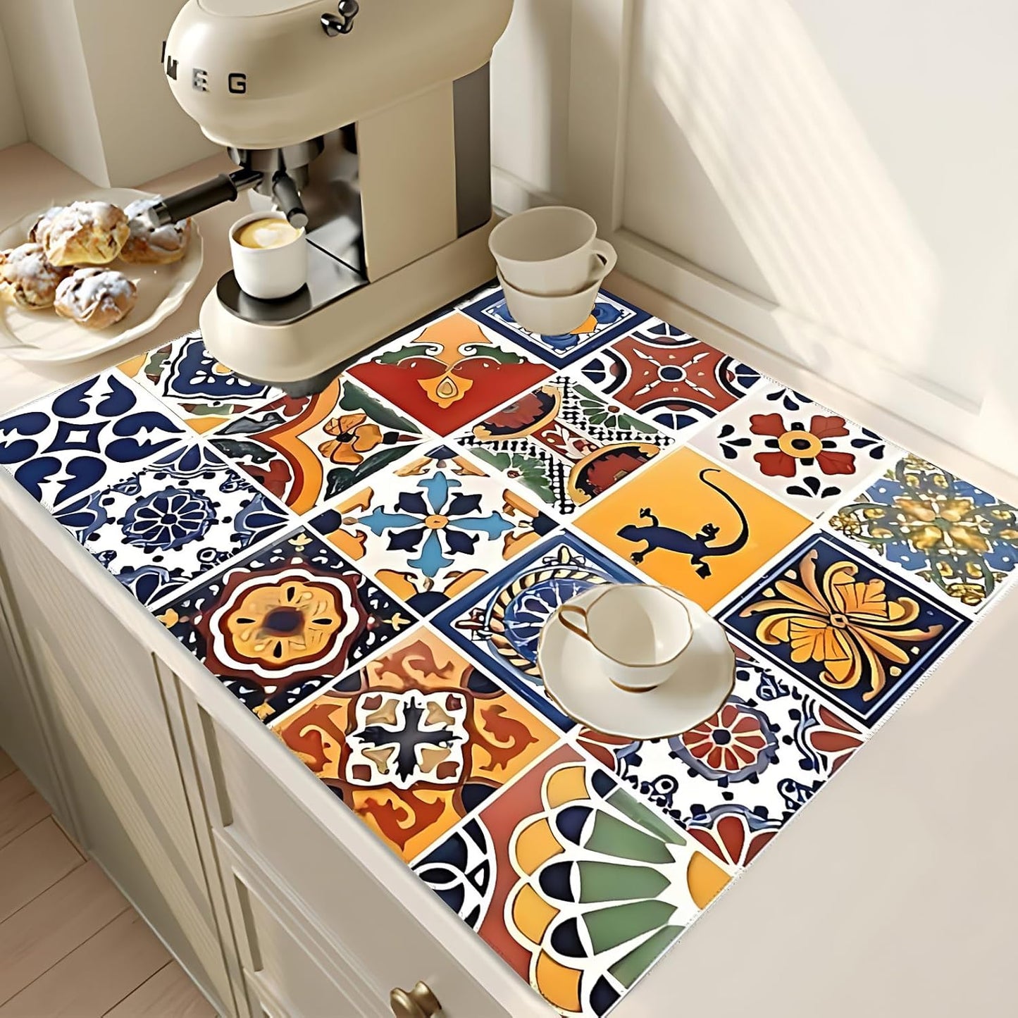 2Pcs Dish Drying Mats Faucet Mats Sets Large Size Coffee Mats Sink Faucet Mat Splash Guard for Kitchen Counter Bathroom Sink Coffee Bar Kitchen Decor (Retro Boho, 18"x24" 15" x 5.5"Set)