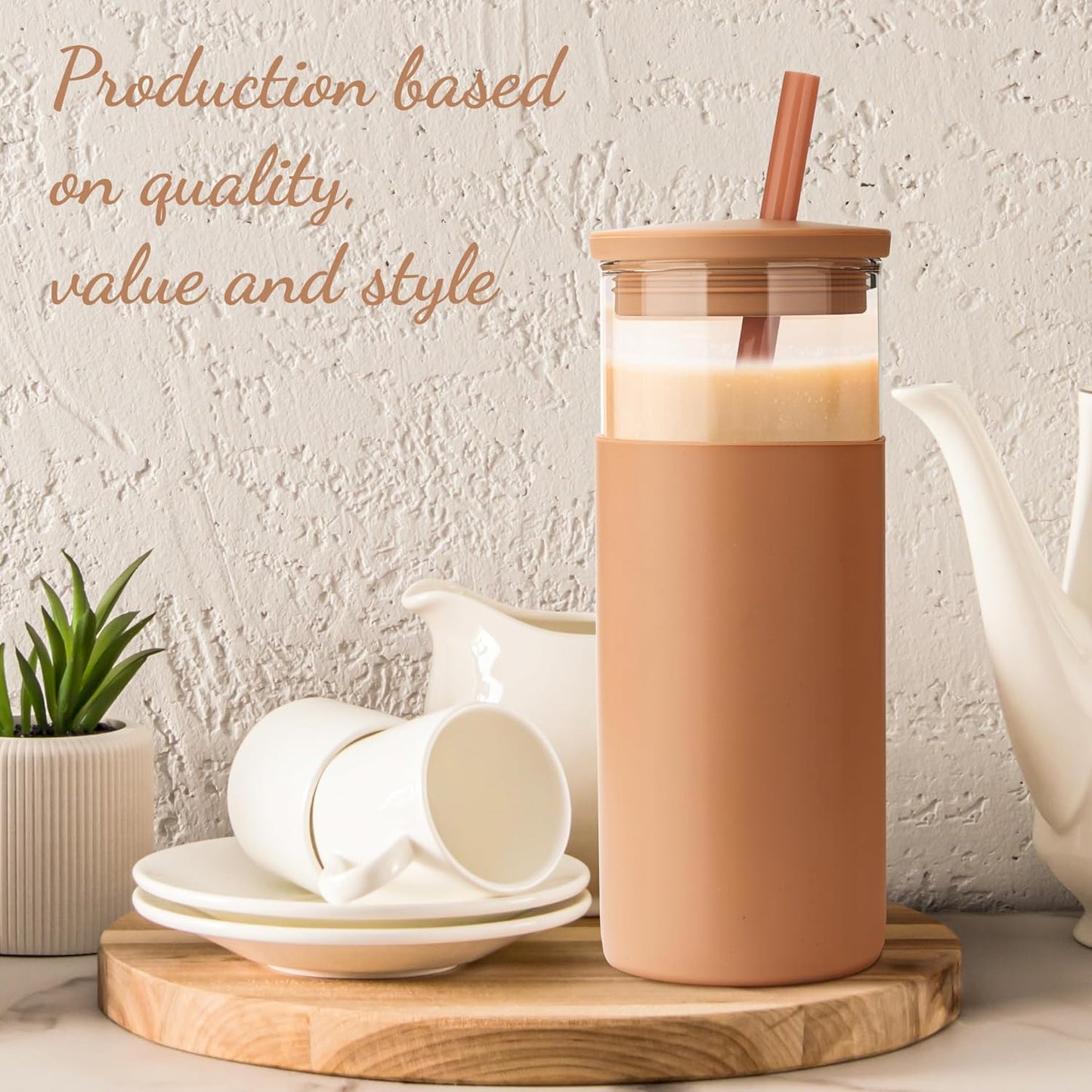 Tronco 20 oz Glass Tumbler With Lids and Straws, Reusable Smoothie Cups With Silicone Lid, Iced Coffee Cup With Silicone Protective Sleeve, Dishwasher Safe- BPA Free（White 1 Count）