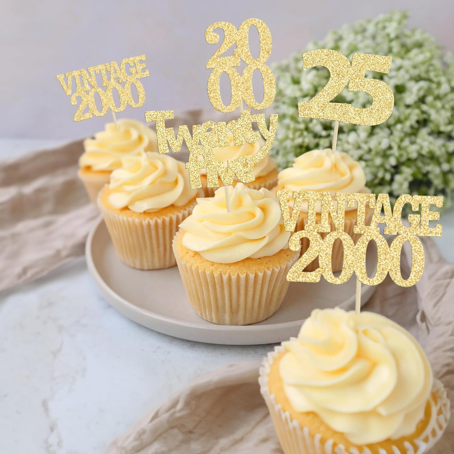 Gyufise 24Pcs Cheers to 25 Cupcake Toppers Glitter Twenty-five Vintage 2000 25th Birthday Cupcake Picks Hello 25 Years Birthday Cake Decorations for Happy 25th Anniversary Party Supplies Gold