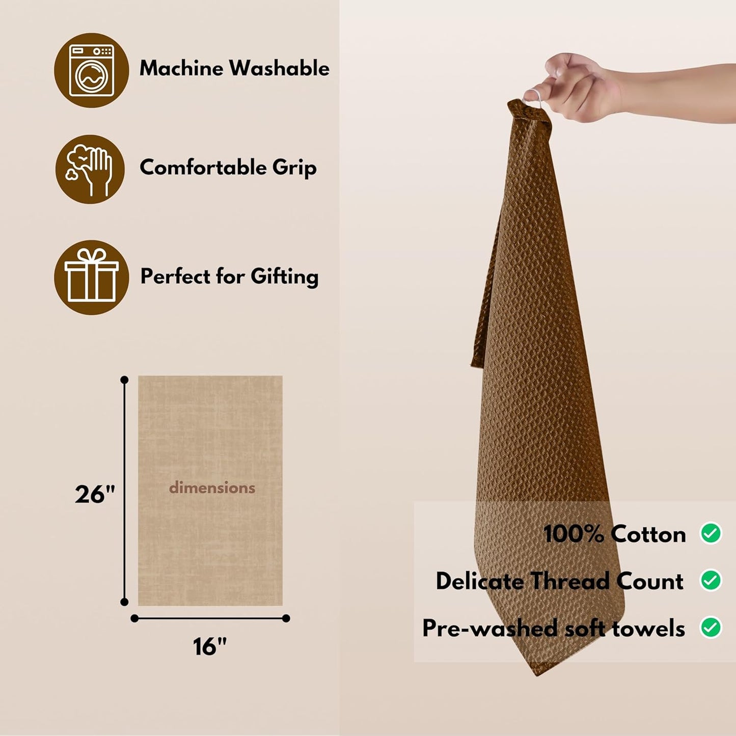 Native Fab Waffle Weave Dish Towels 12 Pack 100% Cotton, 16x26 Inches, Super Absorbent, Quick Dry, Waffle Knit Dishcloths with Hanging Loop, Washable for Kitchen Cleaning, Drying Dishes, Brown