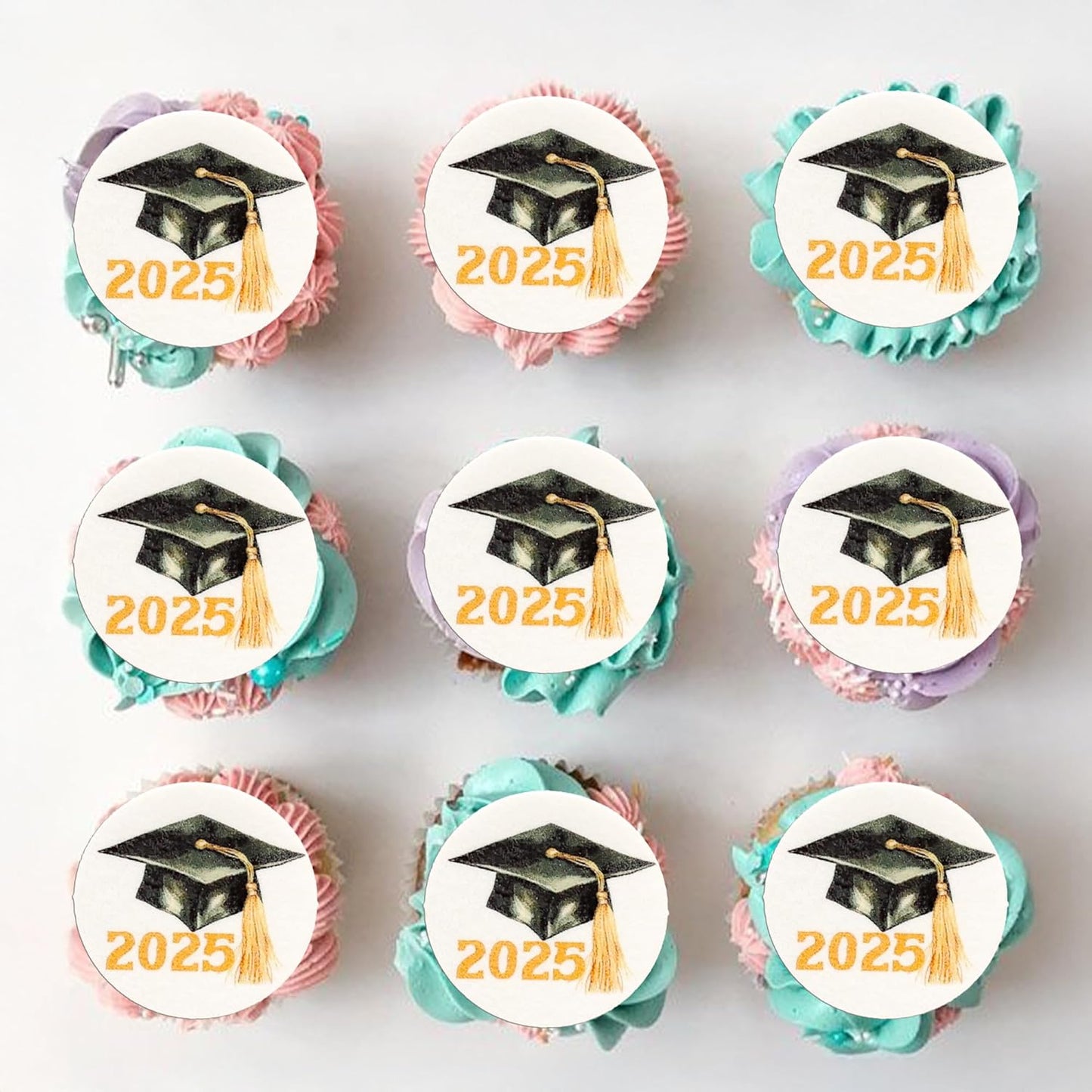 Gyufise 48Pcs Edible 2025 Graduation Cap Cupcake Toppers Wafer Paper Class of 2025 Grad Cap Cupcake Picks for 2025 Graduation Theme Party Cake Decorations Supplies Gold