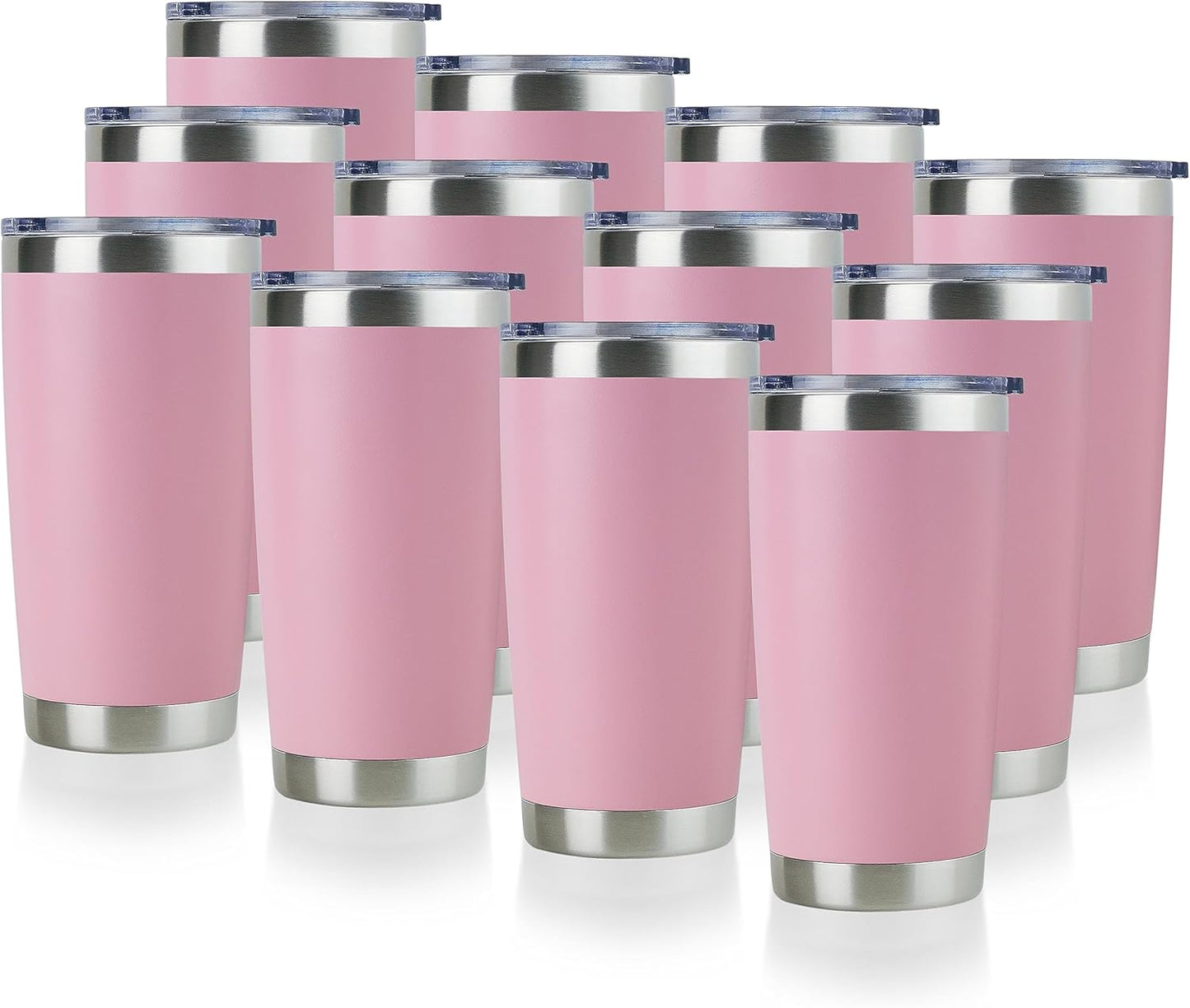DOMICARE 20oz Stainless Steel Tumbler Bulk with Lid, Double Wall Vacuum Insulated Travel Mug, Powder Coated Coffee Cup,Pink, 12 Pack