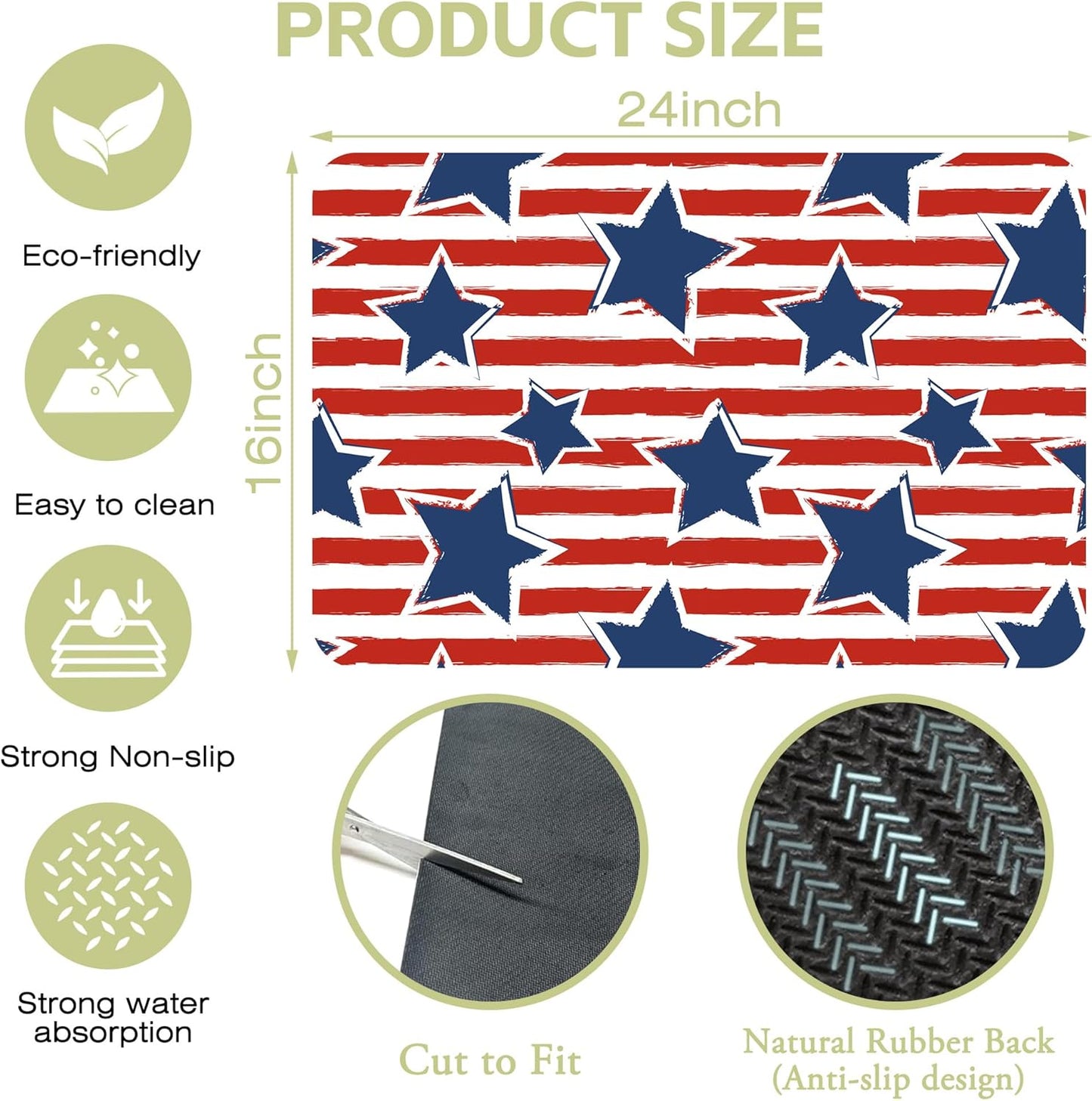 Dish Drying Mat Watercolor Blue Star Red Stripes Kitchen Mat 16"x24" Bsorbent Coffee Maker Mat for Dishes,Utensils Coffee Maker Pots and Pans Easy Clean Dish Slip Resistant Pad