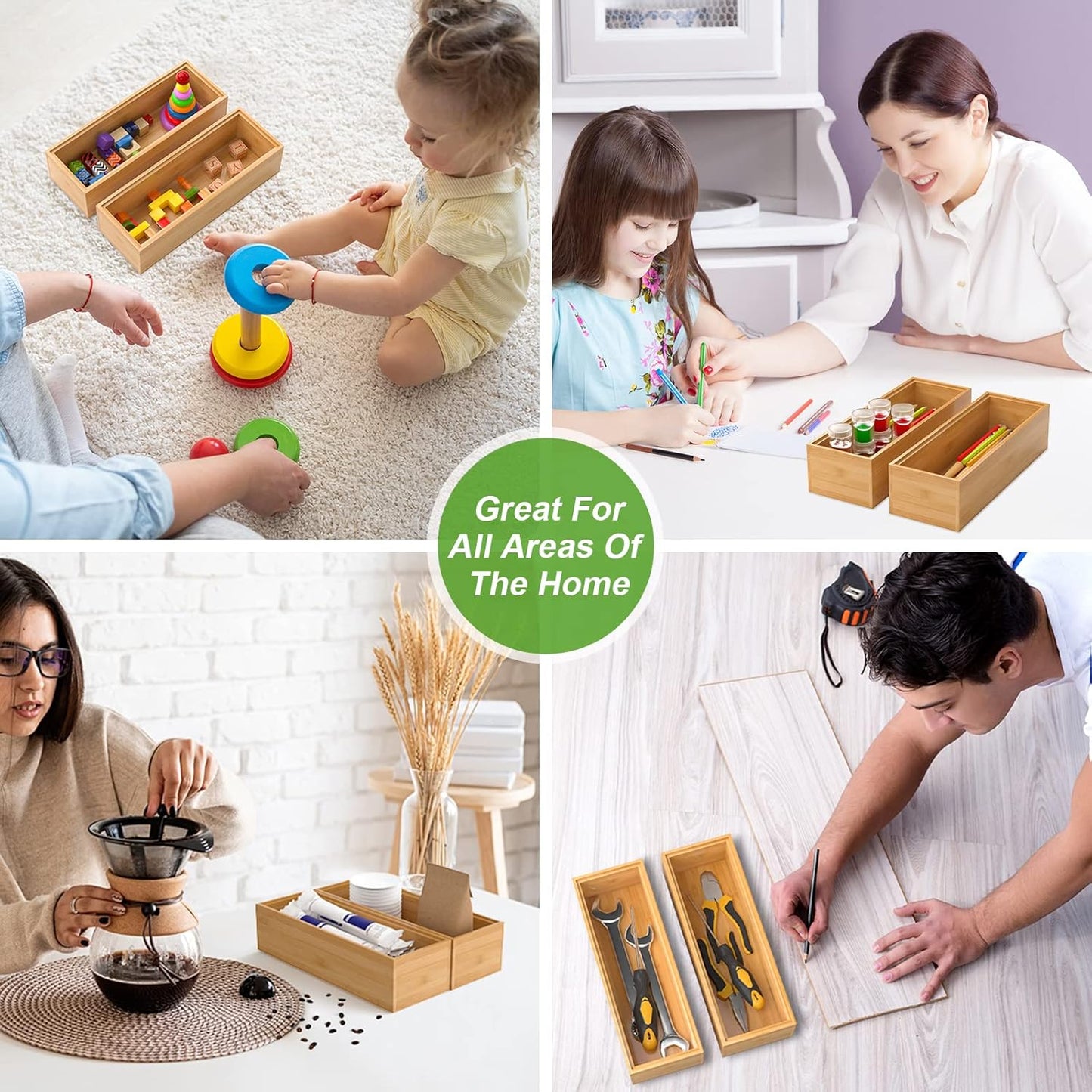 Bamboo Drawer Organizer – Set of 2 Stackable Storage Boxes, Silverware Tray & Small Gadget Holder for Kitchen Drawers, 9" x 3" x 2" (Outer), 8.3" x 2.3" x 1.77" (Inner)