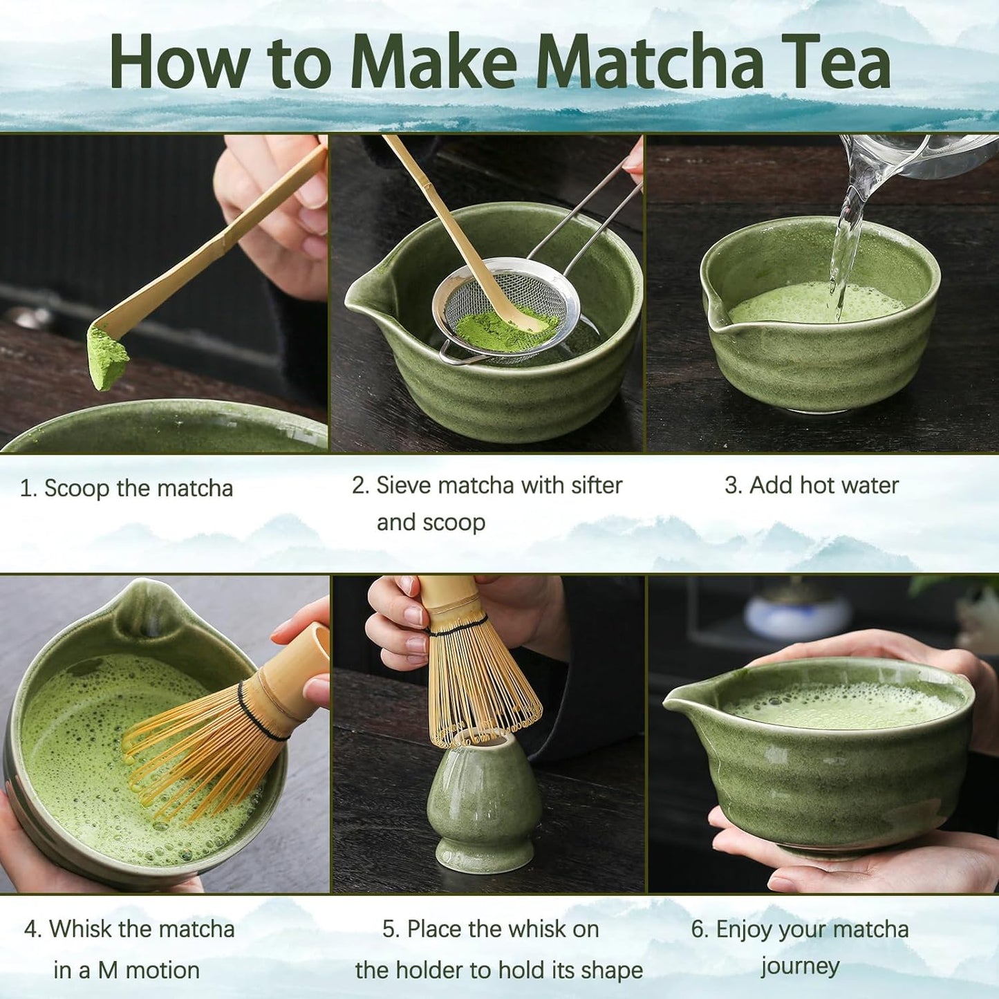 Matcha Whisk Set, Matcha Bowl with Spout, Matcha Whisk and Holder, Bamboo Matcha Scoop and Stainless Sifter - 5 Pcs Jade Green Matcha Kit for Matcha Lover