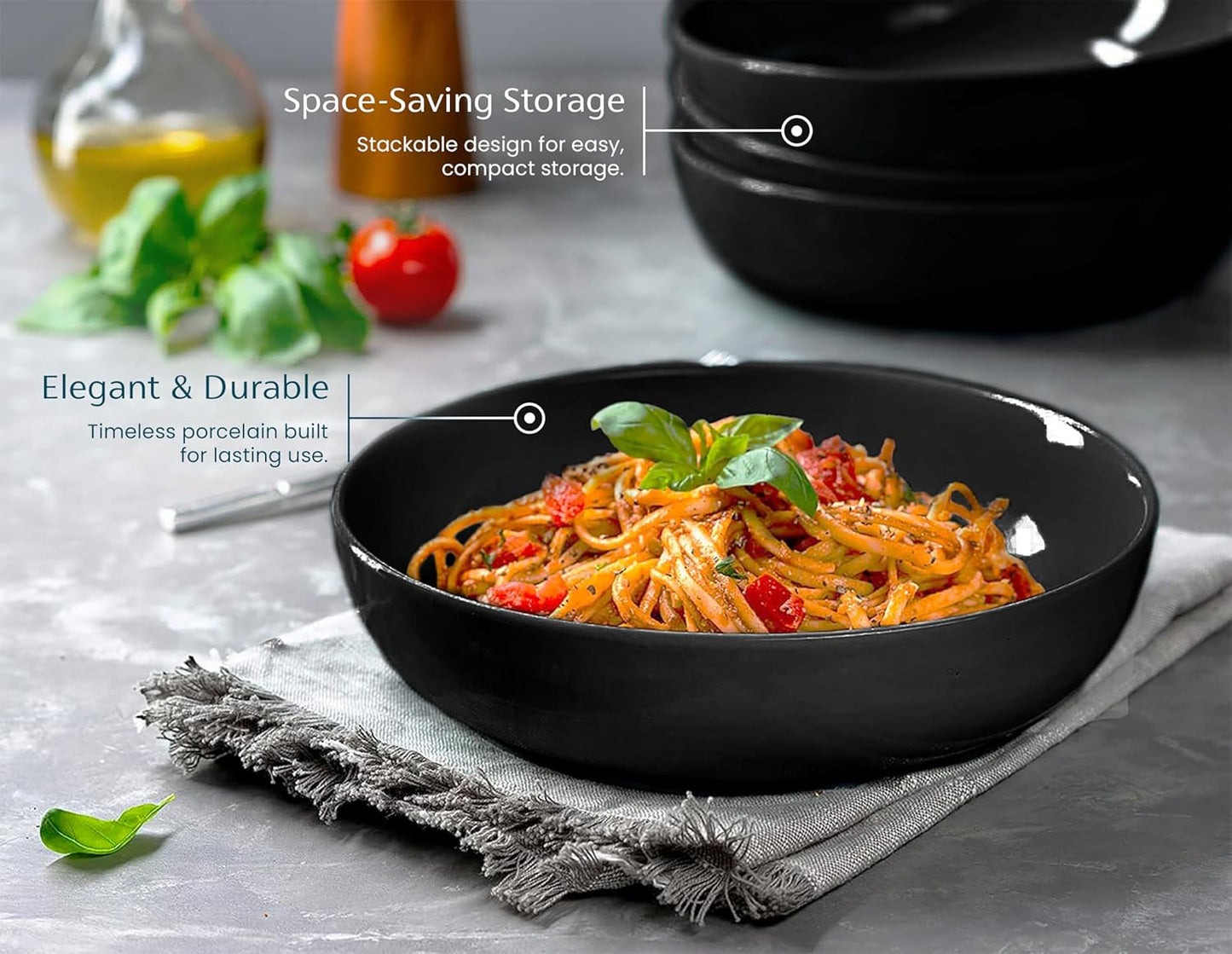 KooK Pasta Bowl, Salad Bowls, Soup, Serving Bowls, Ceramic, Large Capacity, Microwave & Dishwasher Safe, Set of 4, 40 Oz,(Black)