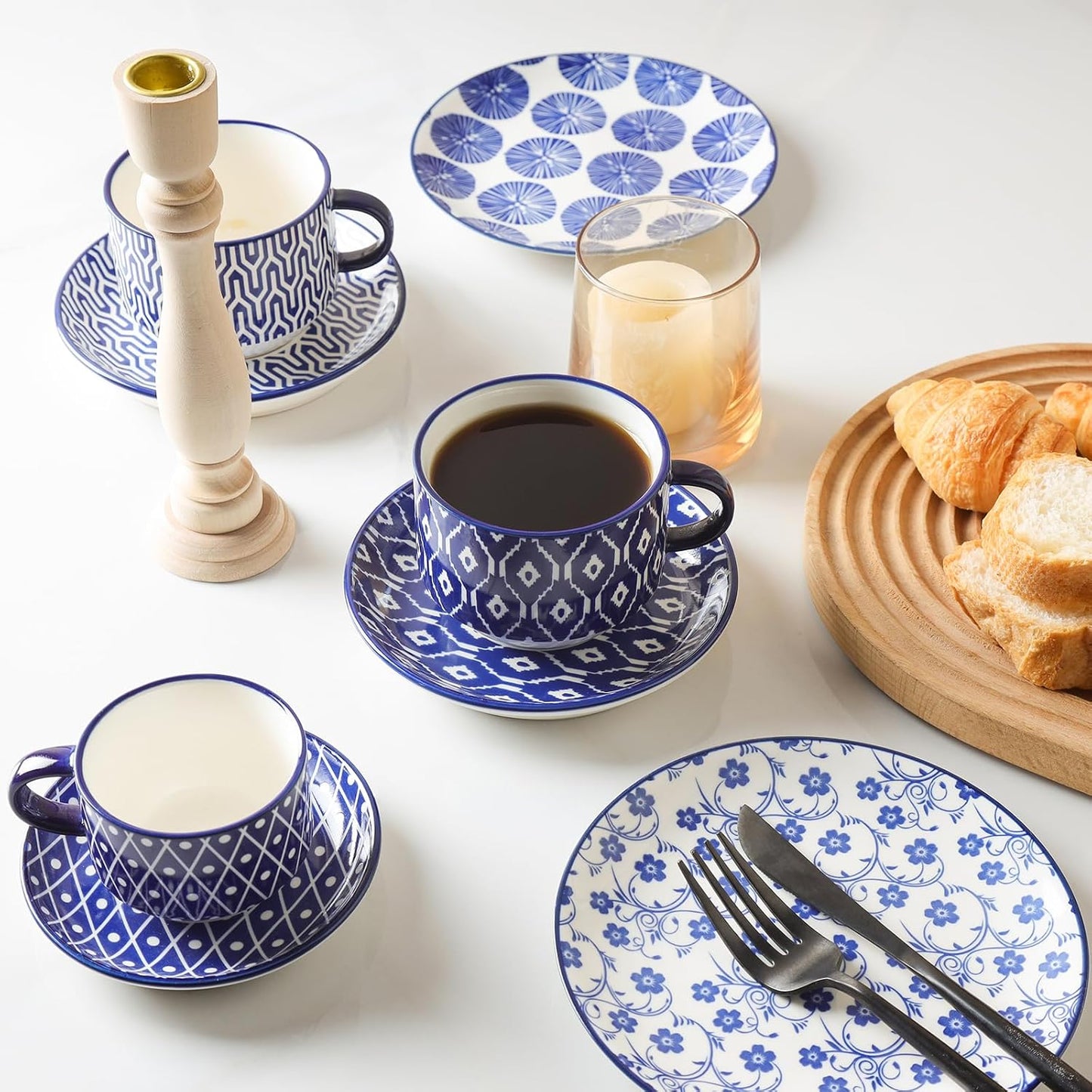 Selamica Ceramic Cappuccino Cups with Saucers and Metal Stand, 8 OZ Stackable Espresso Coffee Cups for Coffee, Latte, Americano, Tea, Set of 4, Vintage Blue