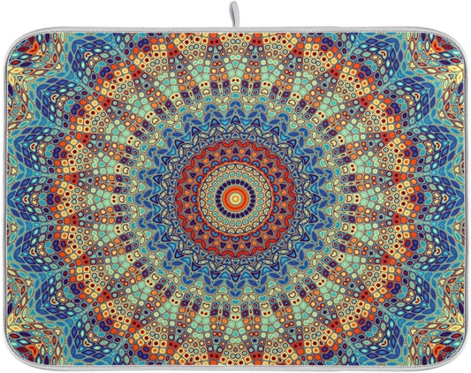Bohemian Mandala Dish Drying Mat for Kitchen Counter Boho Ethnic Drying Mat 16 x 18 Inch with High Absorbent Reversible Microfiber Dish Drying Pad Dish Rack Pad Drainer Mat for Coffee Bar