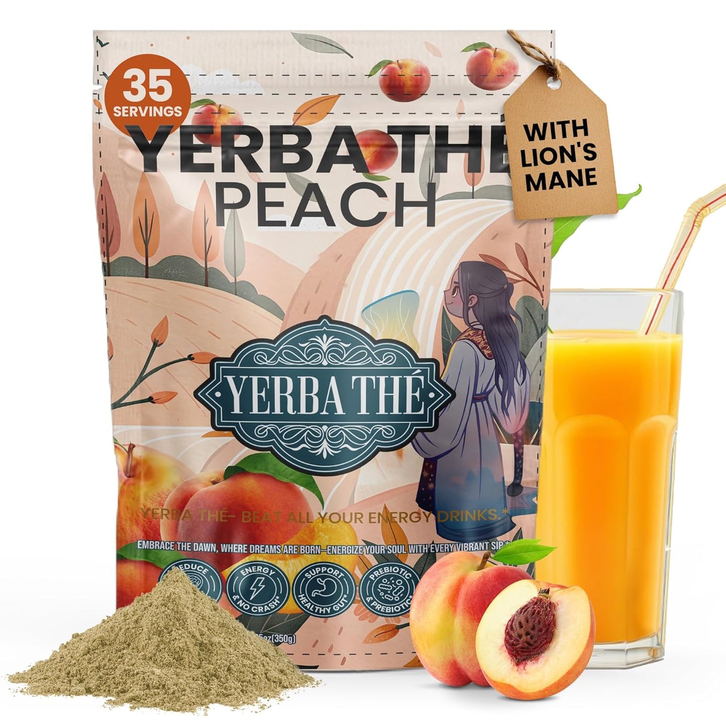 Ancient Diosa - Yerba Mate Tea Powder 350g, 35-Servings - Peach Flavor Clean Energy Drink Superfood - Support Gut Health with Probiotics and Prebiotics, Reduce Brain Fog, Relaxation and Focus Blend