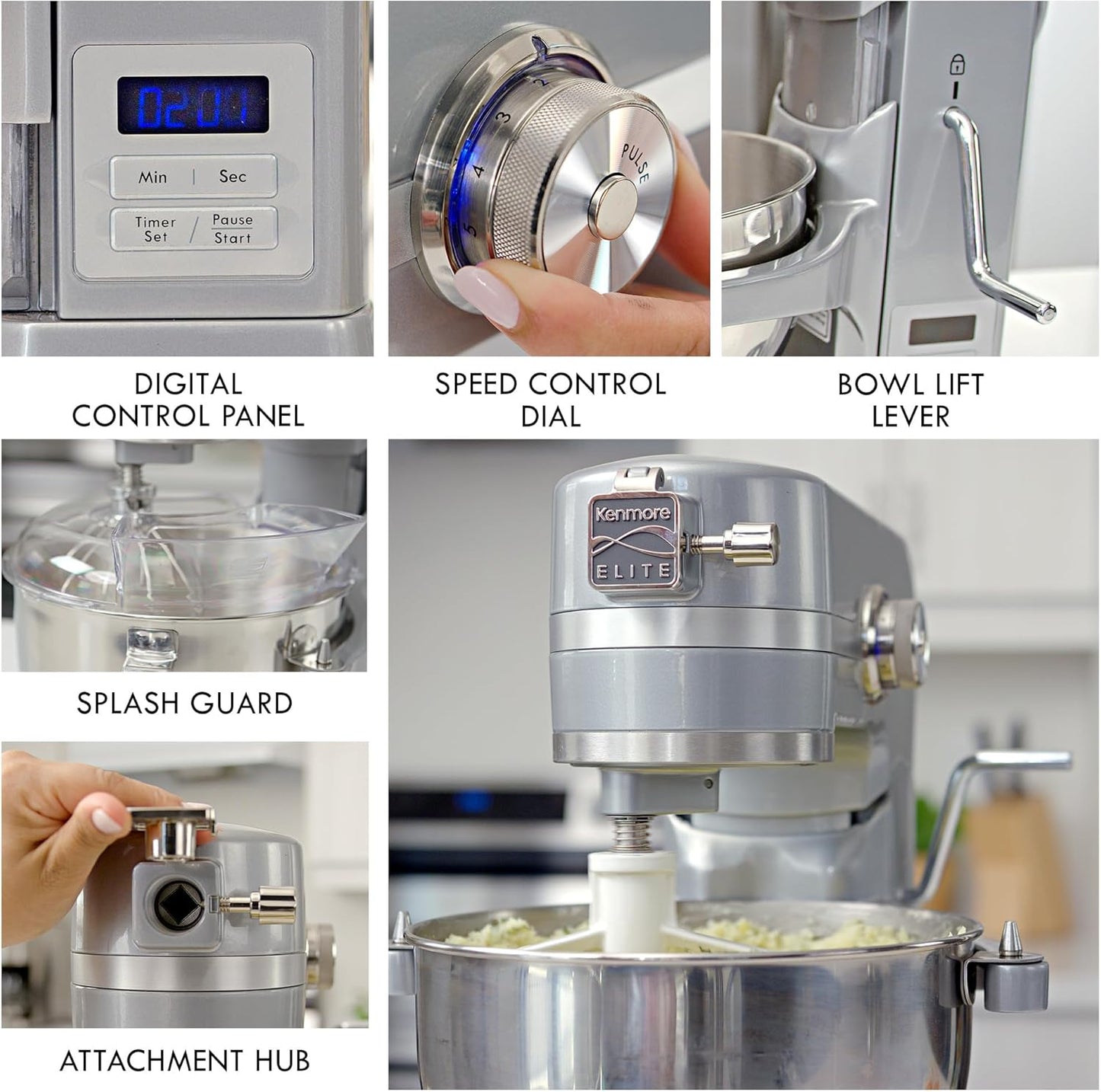 Kenmore Elite Heavy-Duty 6 Qt Bowl-Lift Stand Mixer, 600 Watts, with Flat Beater, Wire Whisk, Dough Hook, Stainless Steel Bowls, LED Light, Digital Countdown Timer, Metallic Grey