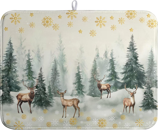 Winter Deer Snowflakes Dish Drying Mat Christmas Snow Forest Large Kitchen Mats Dish Drying Pad Absorbent Dish Dryer Mat for Kitchen Countertops Microfiber Drainer Pad Dish Drying Mats (18x24 in)