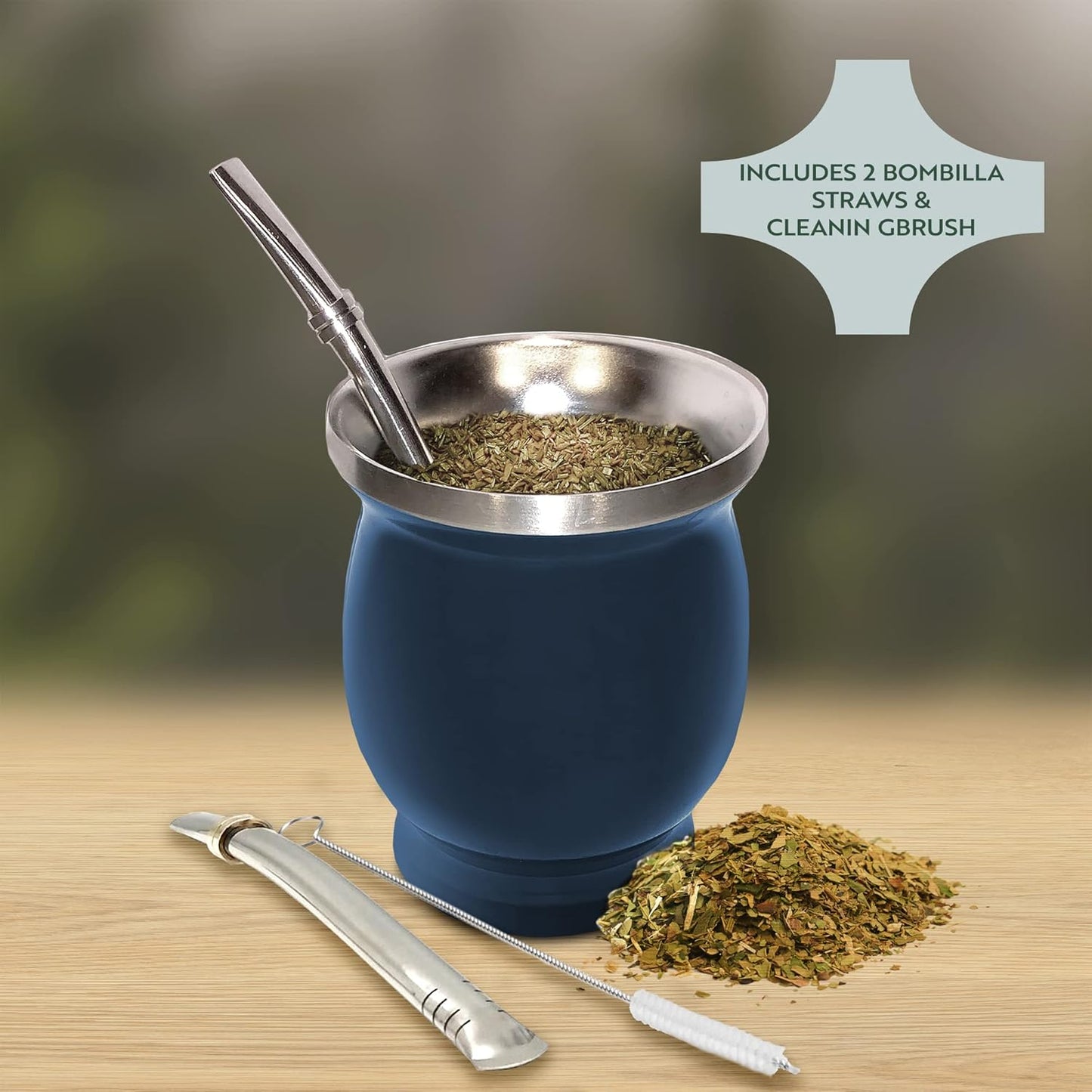 Norte Yerba Mate Cup Kit, 8-Ounces Traditional Mate Tea Cup/Gourd Set | Includes 2 Bombillas (Yerba Mate Straw) & Cleaning Brush, Stainless Steel Cup, Double-Walled, Easy to Clean | Blue