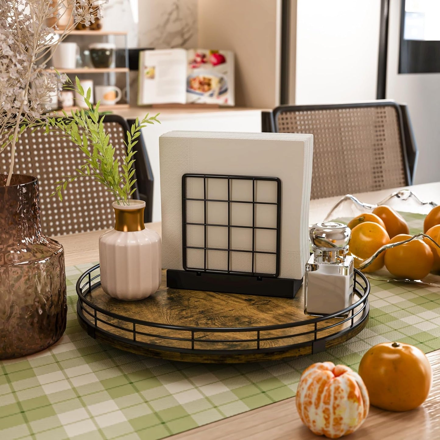 Lazy Susan Turntable Organizer for Table Top, 12’’ Round Wooden Lazy Susan for Cabinet Kitchen Countertop Pantry Dining Coffee Table for Condiments Spices, Rustic Bathroom Vanity Tray for Soap Candle