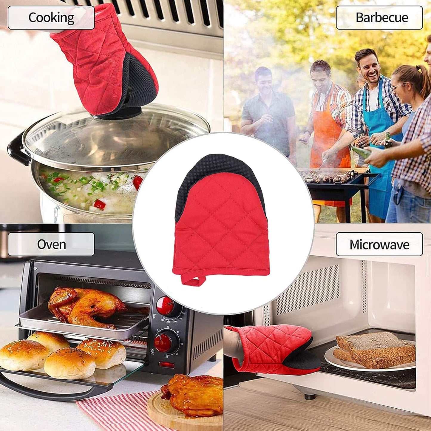 1 Pair Short Oven Mitts, Heat Resistant Silicone Kitchen Mini Oven Mitts for 500 Degrees, Non-Slip Grip Surfaces and Hanging Loop Gloves, Baking Grilling Barbecue Microwave Machine Washable