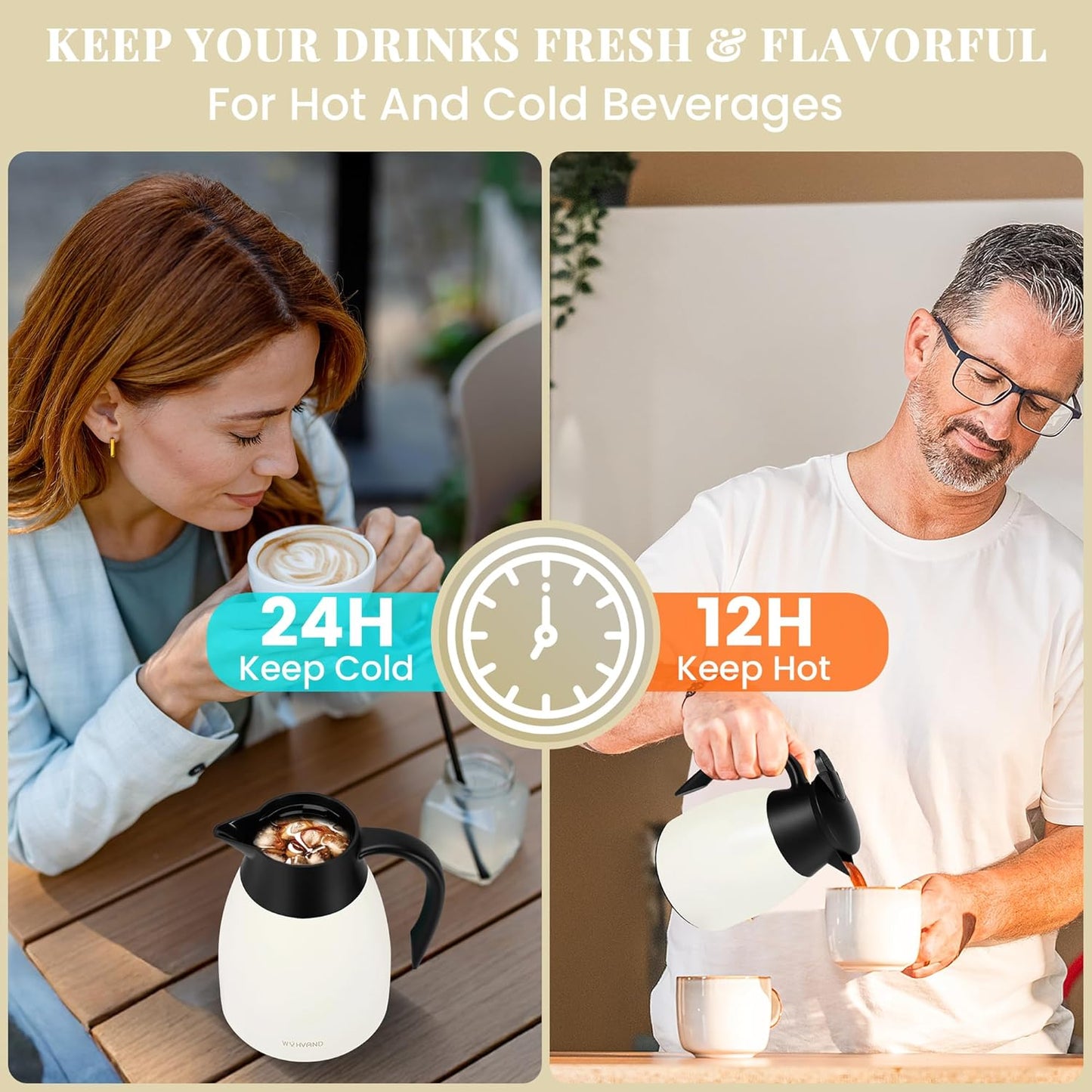 34 Oz Thermal Coffee Carafe, Stainless Steel Insulated Vacuum coffee crafts to keep coffee hot, 1 Liter Tea Water Coffee and Beverage Dispenser (Cream)