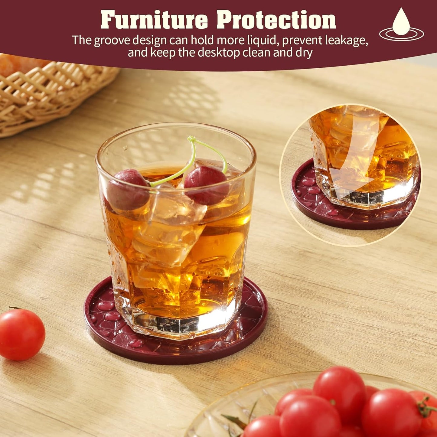 Coasters Set of 8,Hot or Cold Drink Coasters with Holder,Modern Style Coffee Table Coaster,Suitable for Kinds Cups Beer,Drink,Anti-Overflow Tabletop Protection(Wine red, 8pcs)