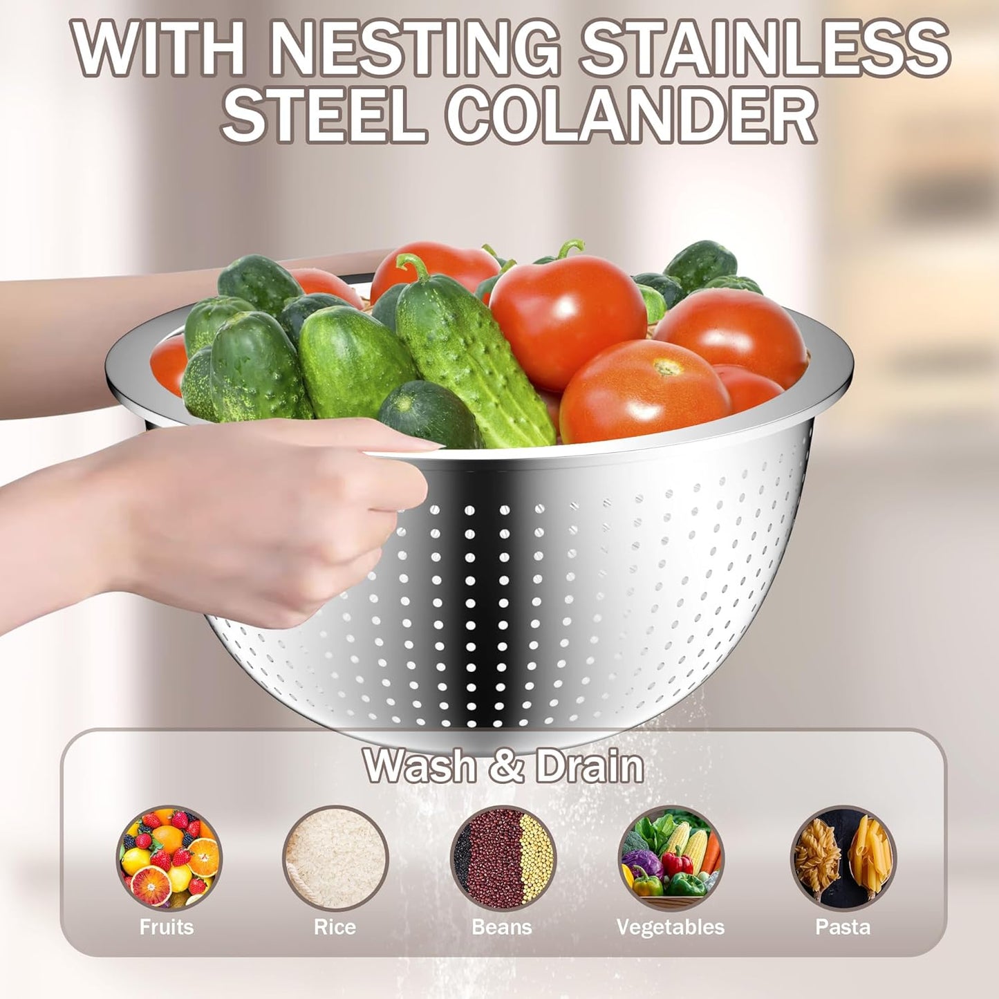 Stainles Steel Mixing Bowls with Lids Set, Stackable Metal Mixing Bowl with Strainer, 5-Piece - Beige