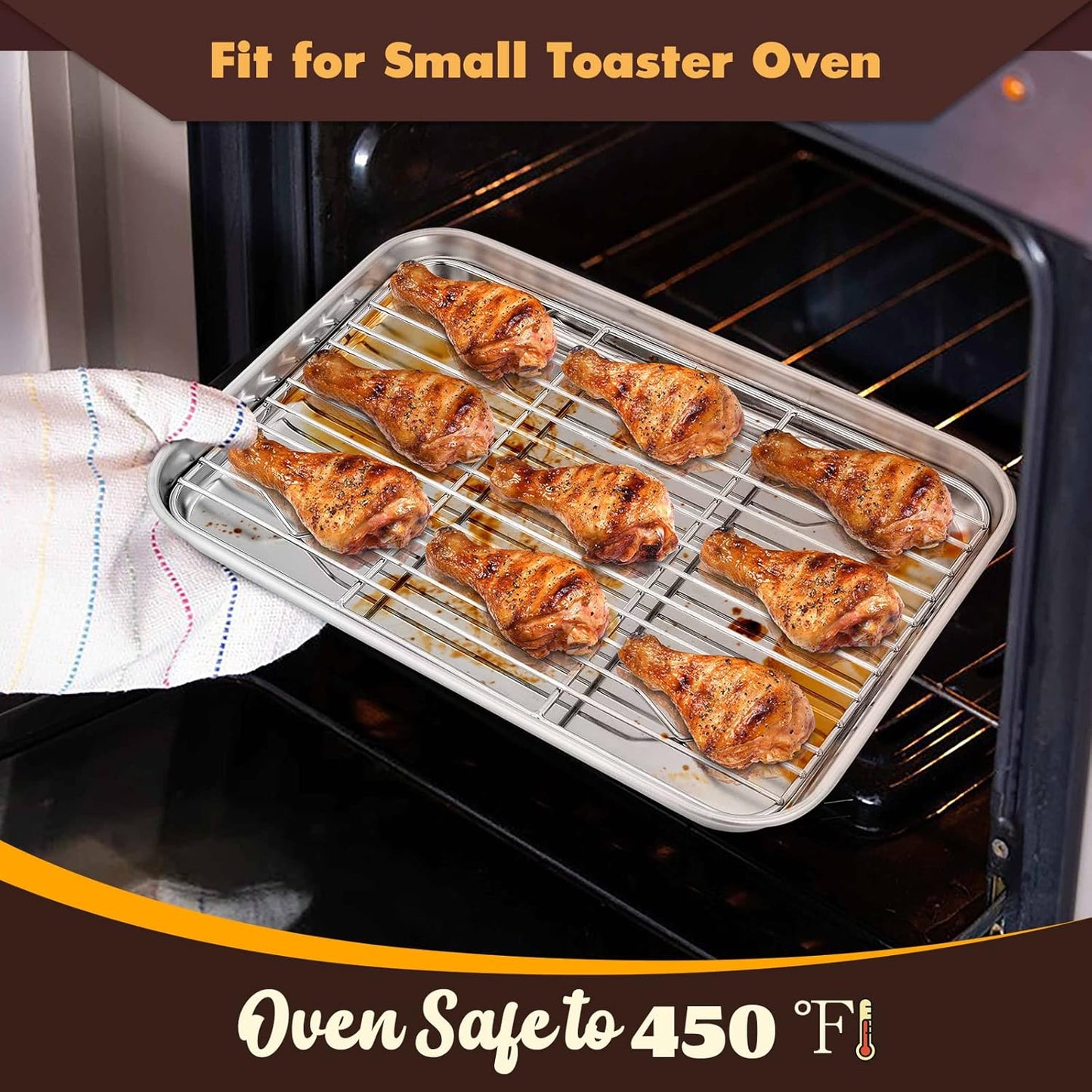 Metal Toaster Oven Tray Set, E-far 10.5”x8.3” Small Stainless Steel Baking Pan with Wire Rack for Cooking Broiling, Rimmed Metal Sheet for Roasting Cooling Cookie Bacon Steak
