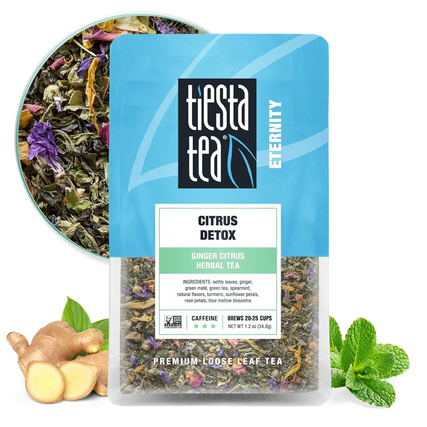 Tiesta Tea - Ginger Citrus Herbal Loose Leaf Tea, Lemon Ginger Tea with Mint and Chamomile, Caffeine-Free, Brew Hot or Iced, Makes Up to 25 Cups, Resealable Pouch, 1.2 Ounce