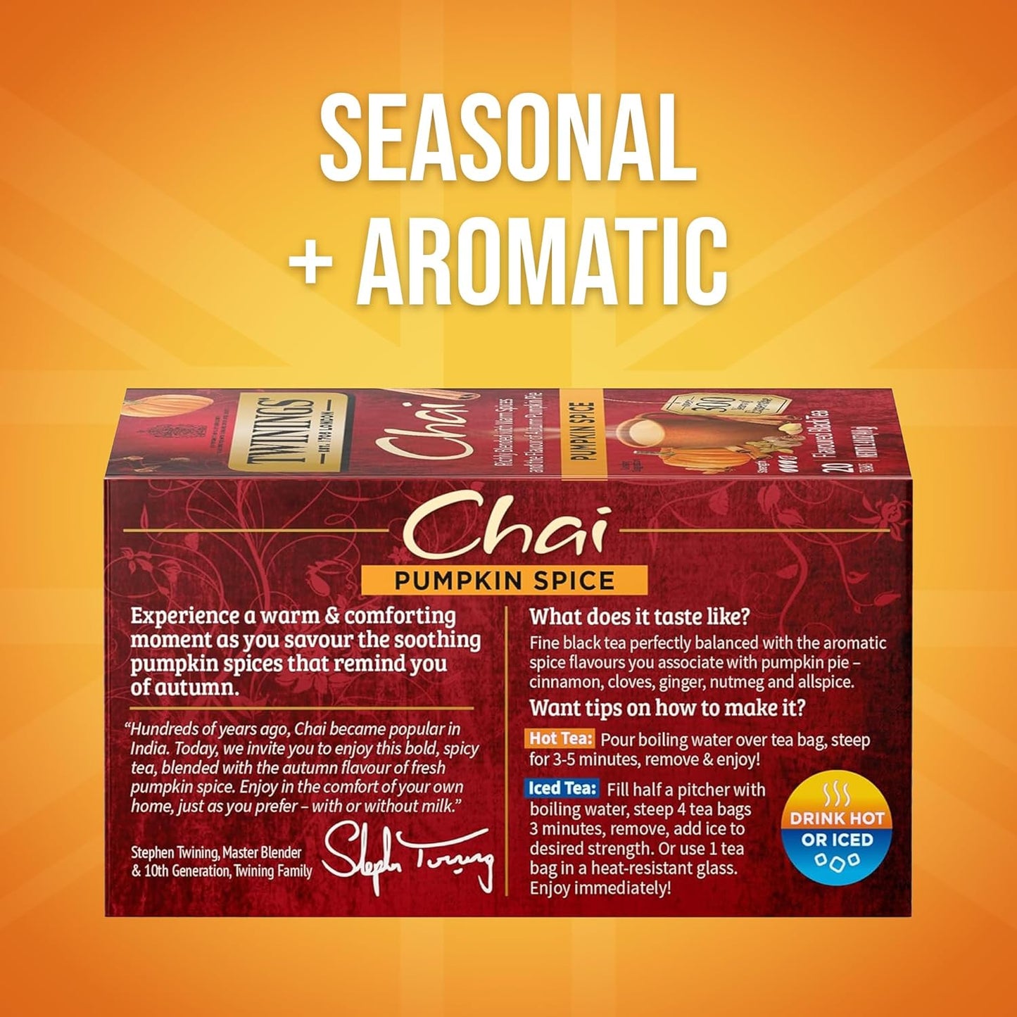 Twinings Pumpkin Spice Chai Black Tea Individually Wrapped Bags, 20 Count (Pack of 6), Warm, Spicy & Aromatic, Caffeinated, Enjoy Hot or Iced, 120 Teabags