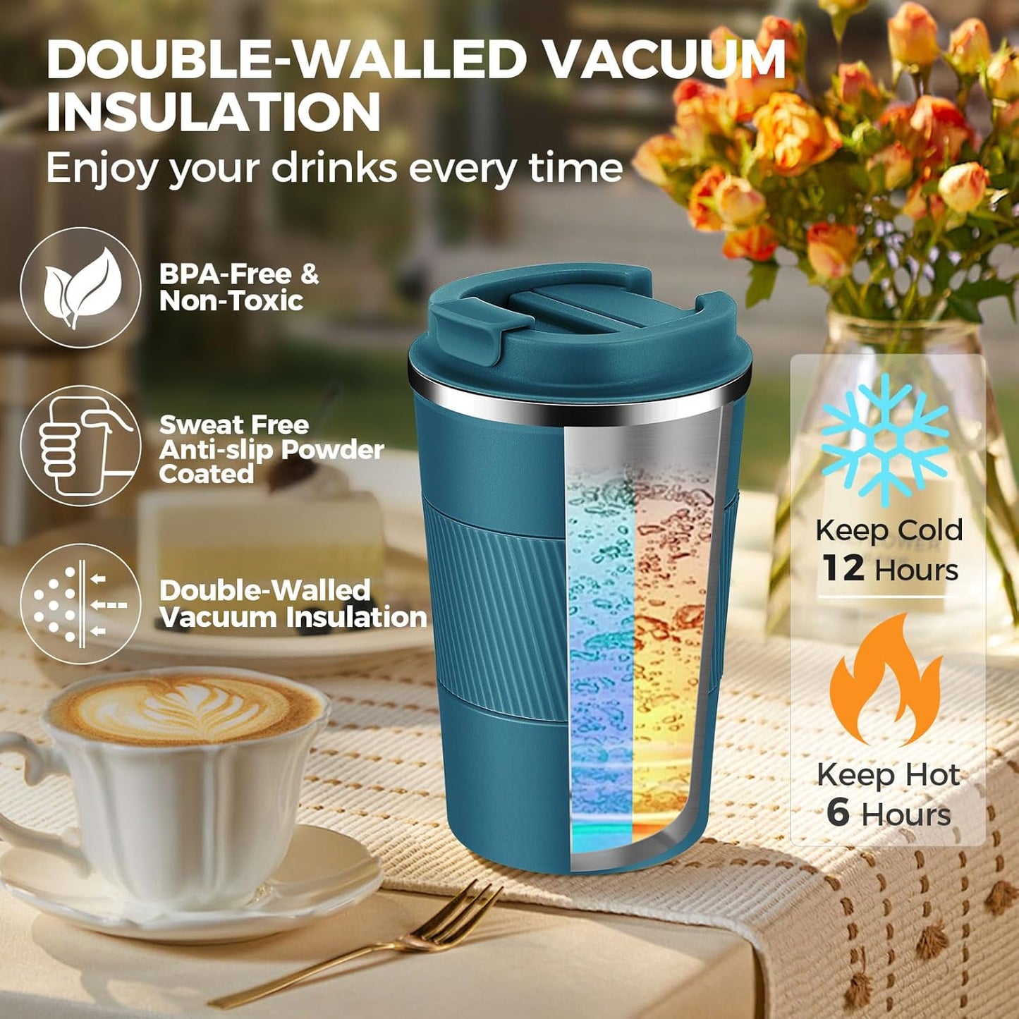 Volhoply 13 oz Stainless Steel Insulated Travel Coffee Mug with Fip Lid Bulk 2 Pack,Reusable Double Wall Vacuum Metal Coffee Cup,Portable Leak Proof Thermal Tumbler for Hot&Cold Drinks(Assort Color,2)