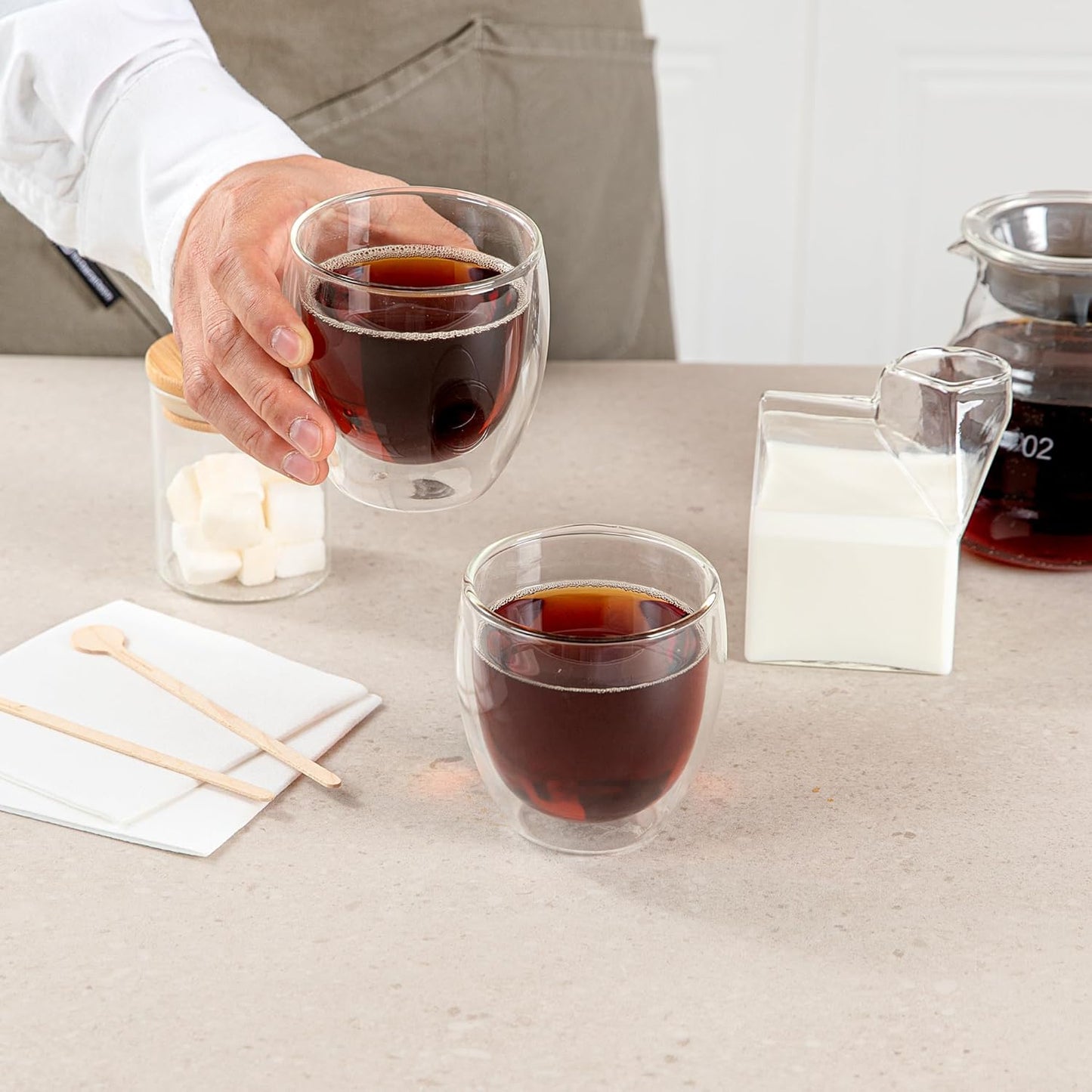 Restaurantware-Forma Professional 8.5 Ounce Double Wall Coffee Cups, 2 Insulated Latte Glasses - Dishwashable, Reusable, Clear Glass Beverage Cups, Freezable, For Hot Or Cold Beverages