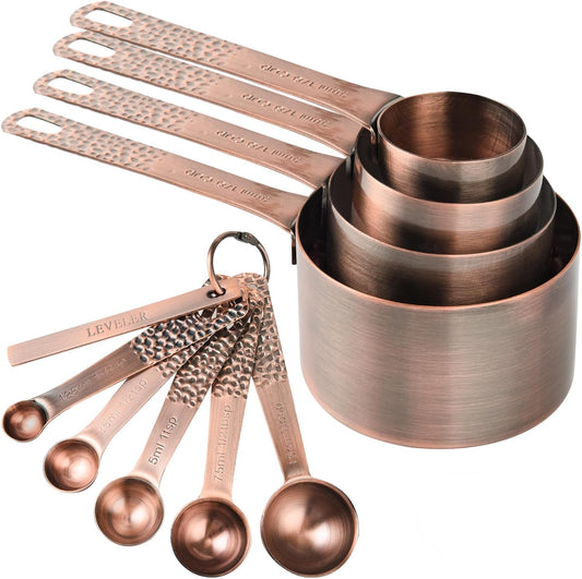Copper Measuring Cups and Spoons Set, Stainless Steel Measuring Tools Set for Baking & Kitchen, Metric & US 4 Copper Plated MeasureCups and 5 Measure Spoons with Leveler for Wet & Dry