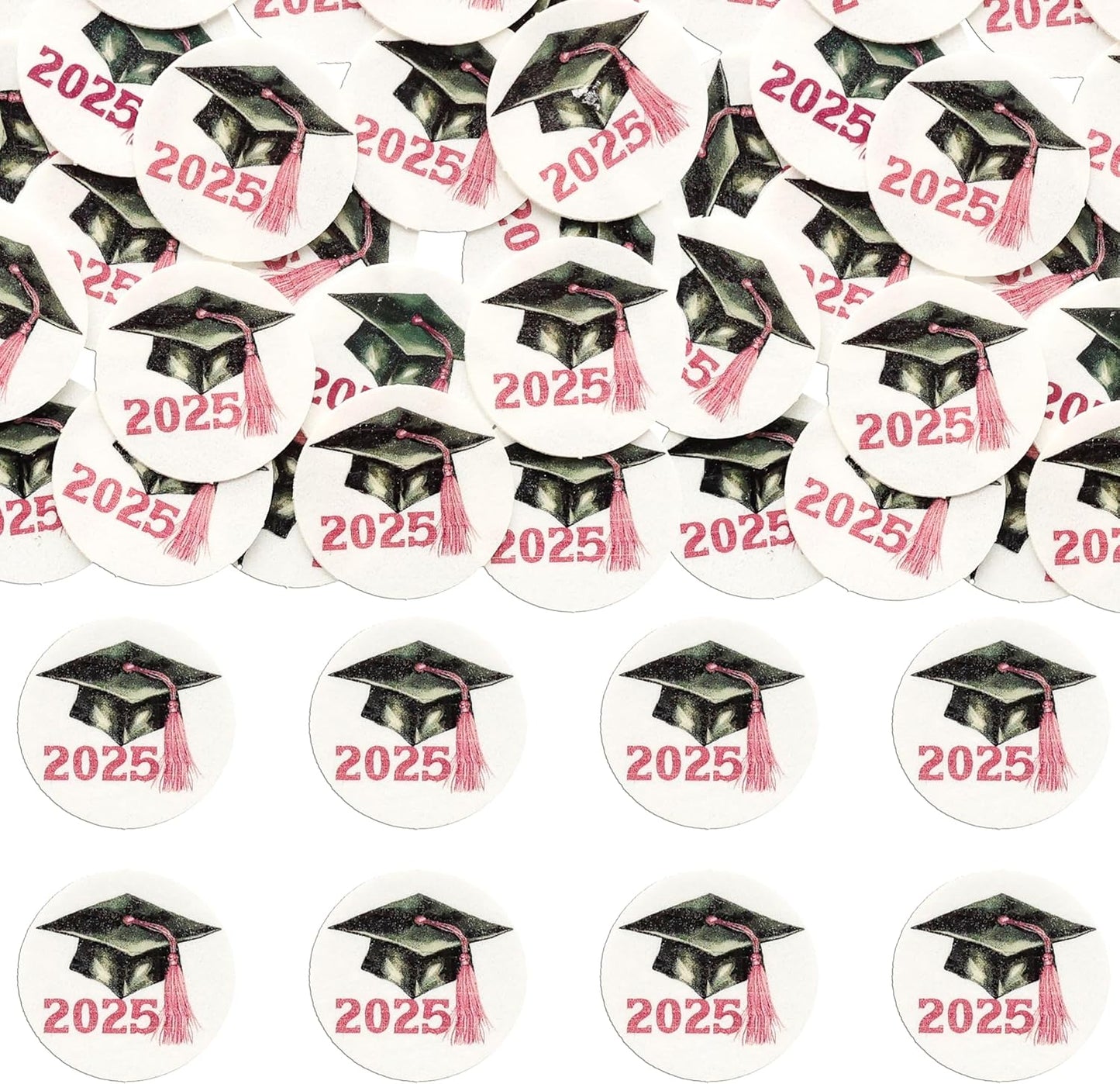Gyufise 48Pcs Edible 2025 Graduation Cap Cupcake Toppers Wafer Paper Class of 2025 Grad Cap Cupcake Picks for 2025 Graduation Theme Party Cake Decorations Supplies Pink