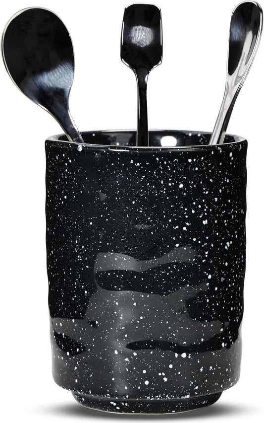 Ceramic Spoon Holder for Coffee Bar, Upright Tea Spoon Holder Cup, Coffee Stirrers Straws Stir Stick Holder, Black Starry Sky