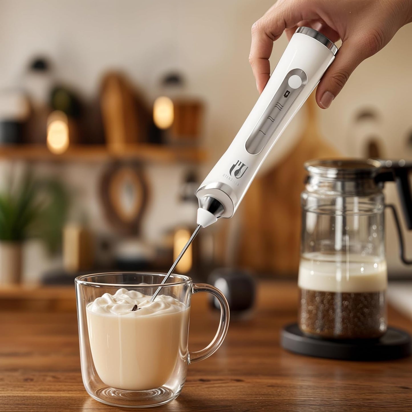 Rechargeable Handheld Milk Frother - Electric Foam Maker - Portable Coffee Frother Wand with 2 Heads - Stainless Steel Electric Whisk for Coffee, Latte, Cappuccino, Macchiato, Hot Chocolate (White)