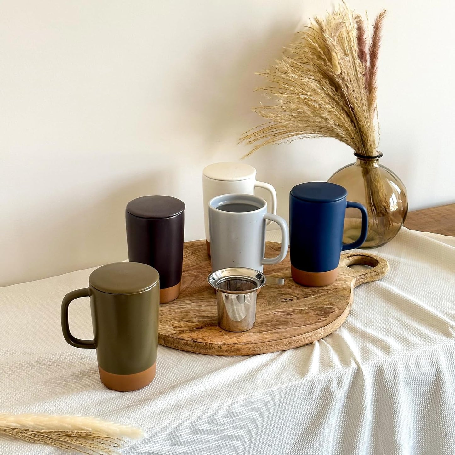 Mora Ceramics Large Tea Mug with Loose Leaf Infuser and Ceramic Lid, 18 oz, Portable, Microwave, Dishwasher Safe, Tall Coffee Cup - Rustic Matte Ceramic Glaze, Modern Herbal Tea Strainer, Nightwaves