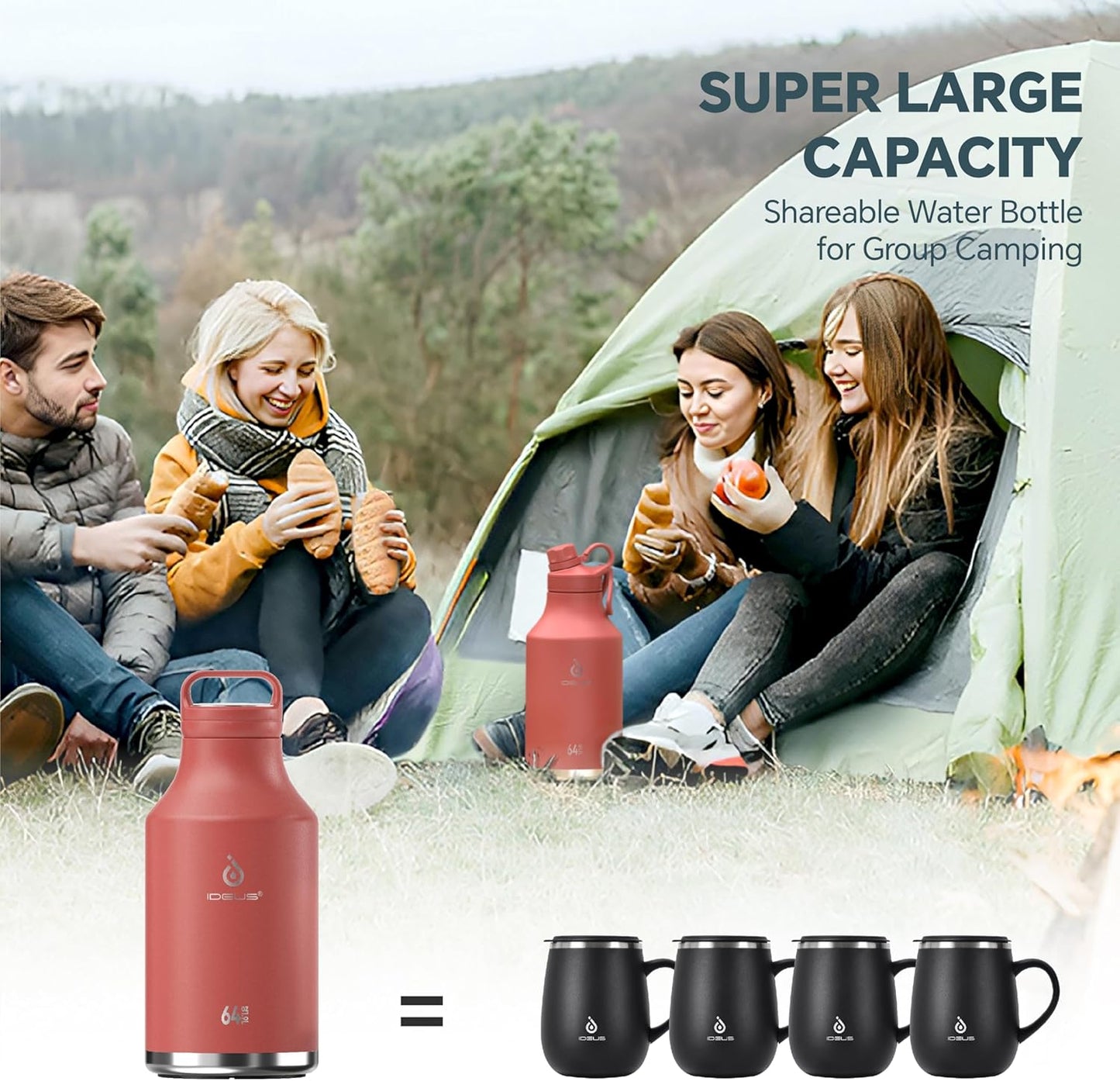 IDEUS Insulated Stainless Steel Water Bottle with 2 Leak-Proof Lids, Thermal Water Flask for Hiking Biking, 64oz, Red