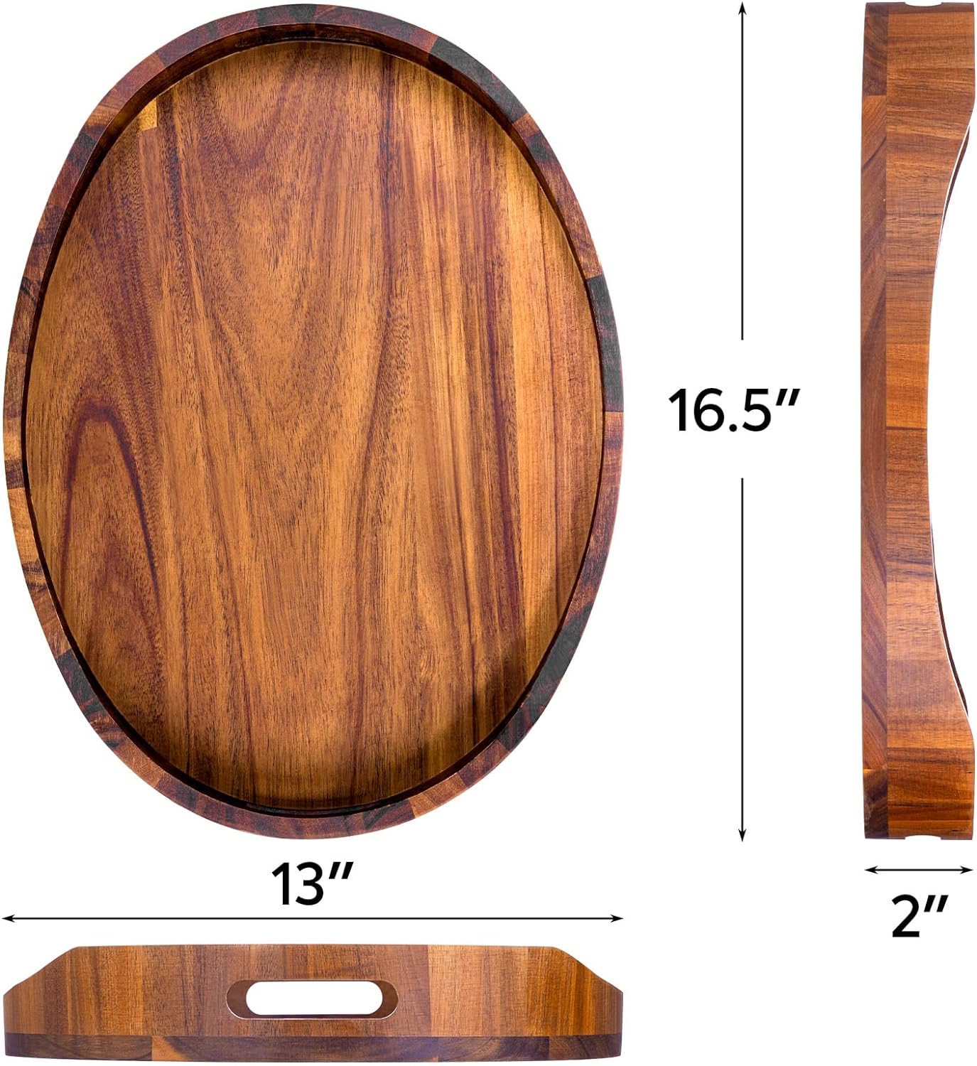 HouseJoy Acacia Wood Serving Tray with Handles, Decorative Ottoman Tray Platter for Breakfast in Bed, Living Room, Coffee Table, Lunch, Dinner, Bathroom, Candle Display,16.5"x13"