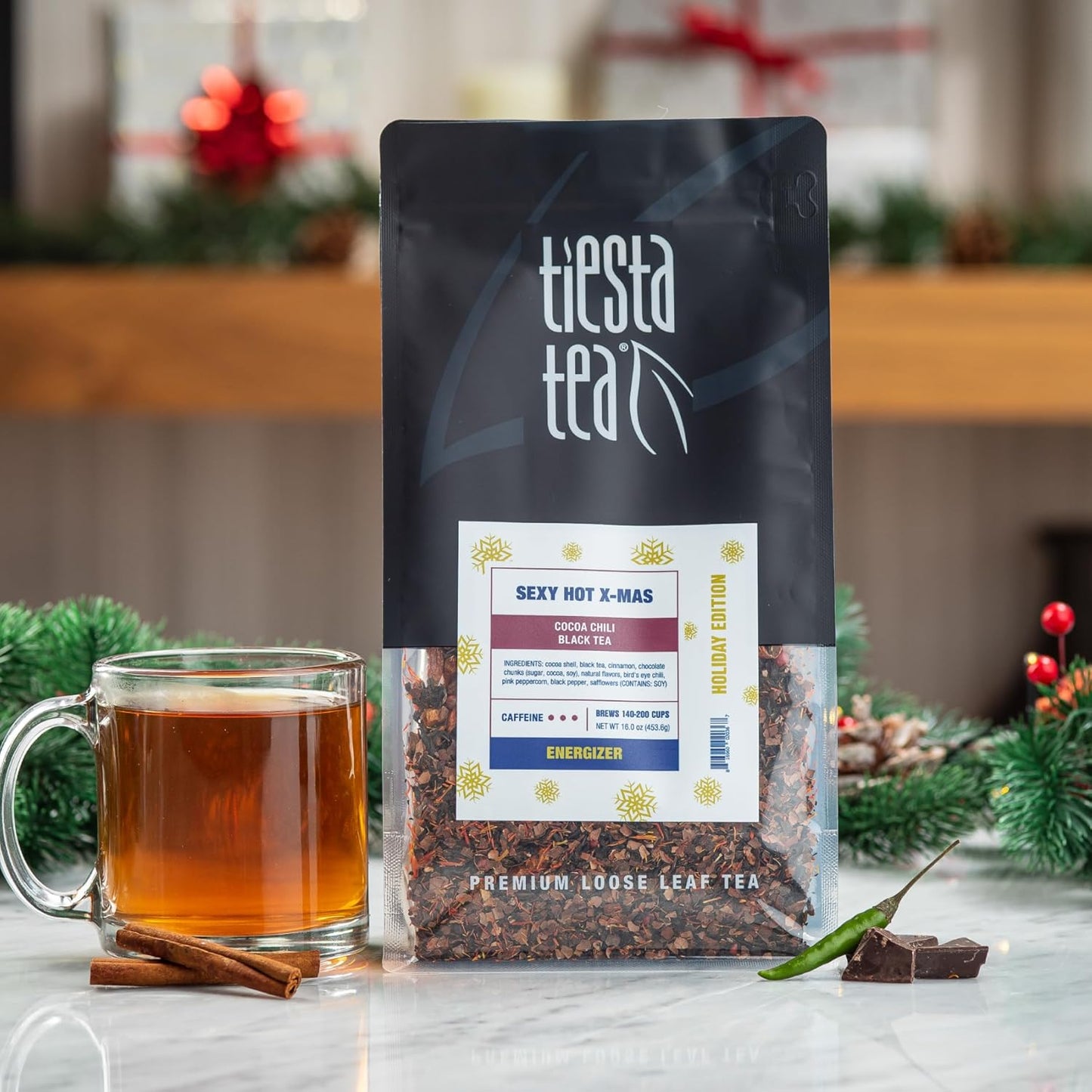 Tiesta Tea - Sexy Hot Christmas, Loose Leaf, Cocoa Chili Black Tea, Premium Blend, High Caffeinated Spicy Black, Make Hot or Iced Tea & Brews Up to 200 Cups, 16oz Resealable Bulk Pouch