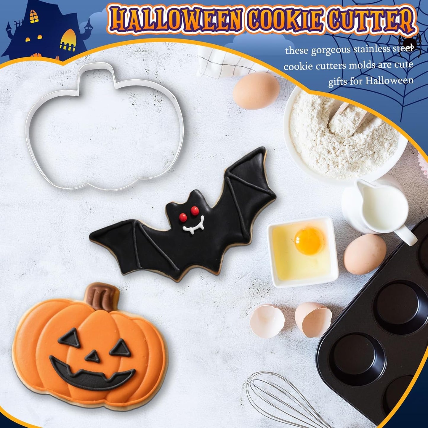 3 Pcs Large Halloween Cookie Cutters Set 7.5 Inch Extra Large Pumpkin Bat Ghost Shapes Stainless Steel Metal Giant Cookie Cutters Molds for Halloween Day Baking Party Kitchen Accessories
