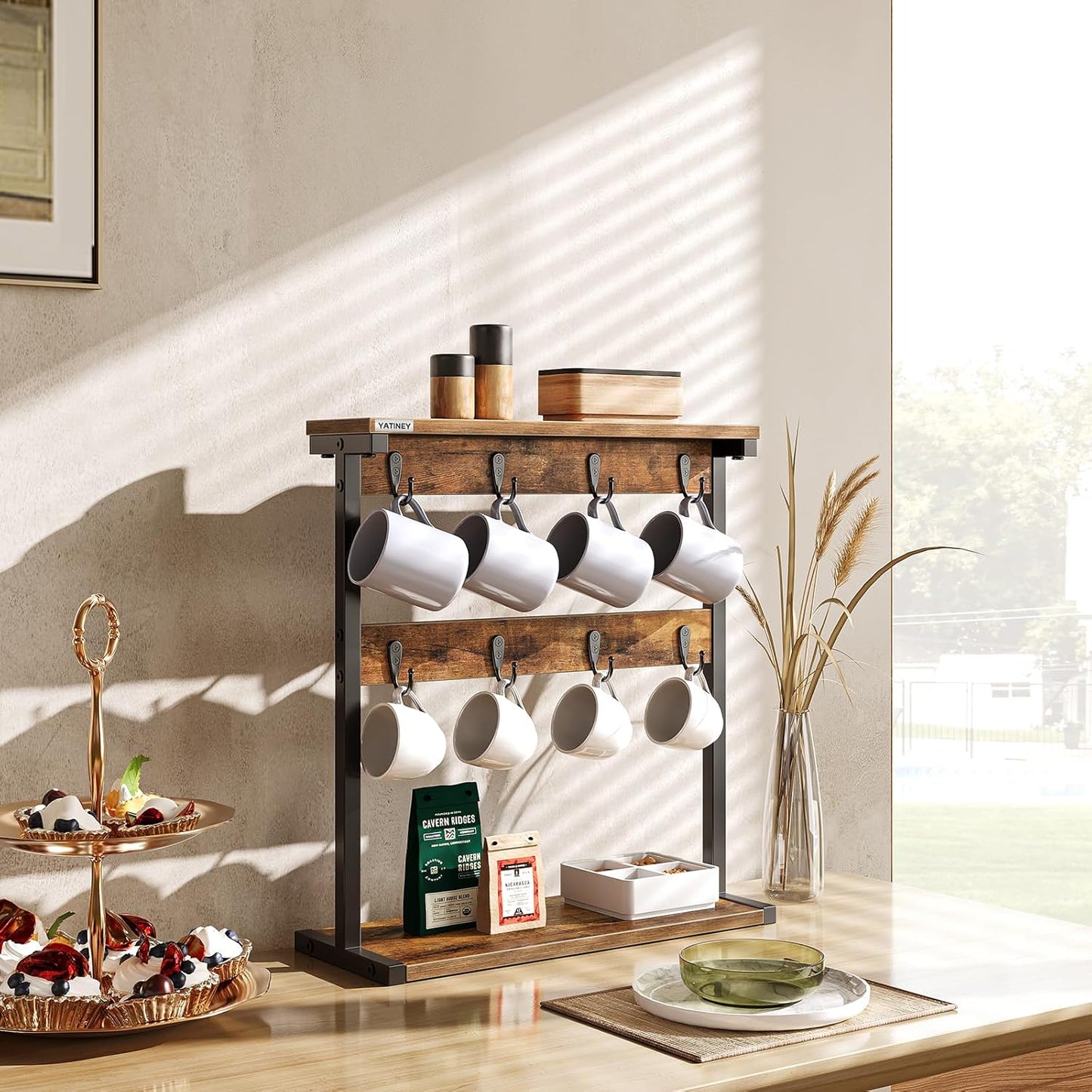 Coffee Mug Holder for Counter, 2 Tier Mug Tree Rack, with 8 Hook and 2 Open Shelves, Vintage Mug Holder Stand for Home Kitchen, Rustic Brown MH43BR