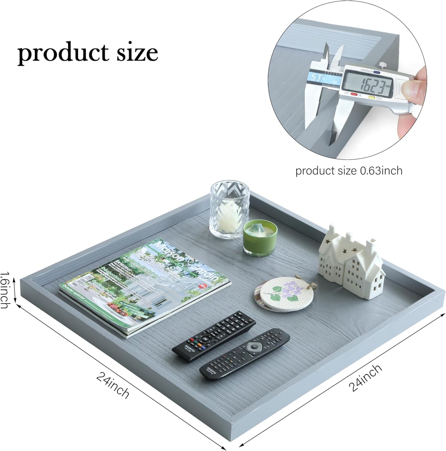 Square Ottoman Table Tray 24" - Rustic Wooden Serving Tray for Farmhouse Decorative Oversized Coffee Table Trays Living Room Kitchen Counter Breakfast Grey