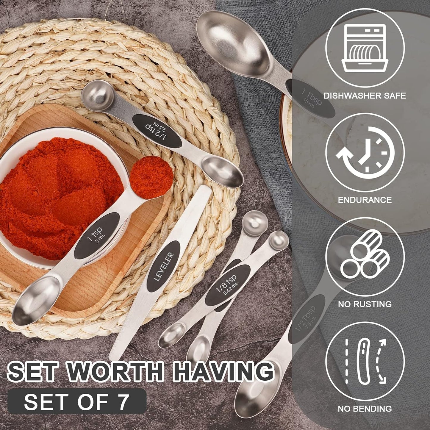 Aovchei 7 PCS Magnetic Measuring Spoons Set, Dual Sided, Stainless Steel Small Tablespoon, Teaspoons, Fits in Spice Jars, for Dry and Liquid, Black
