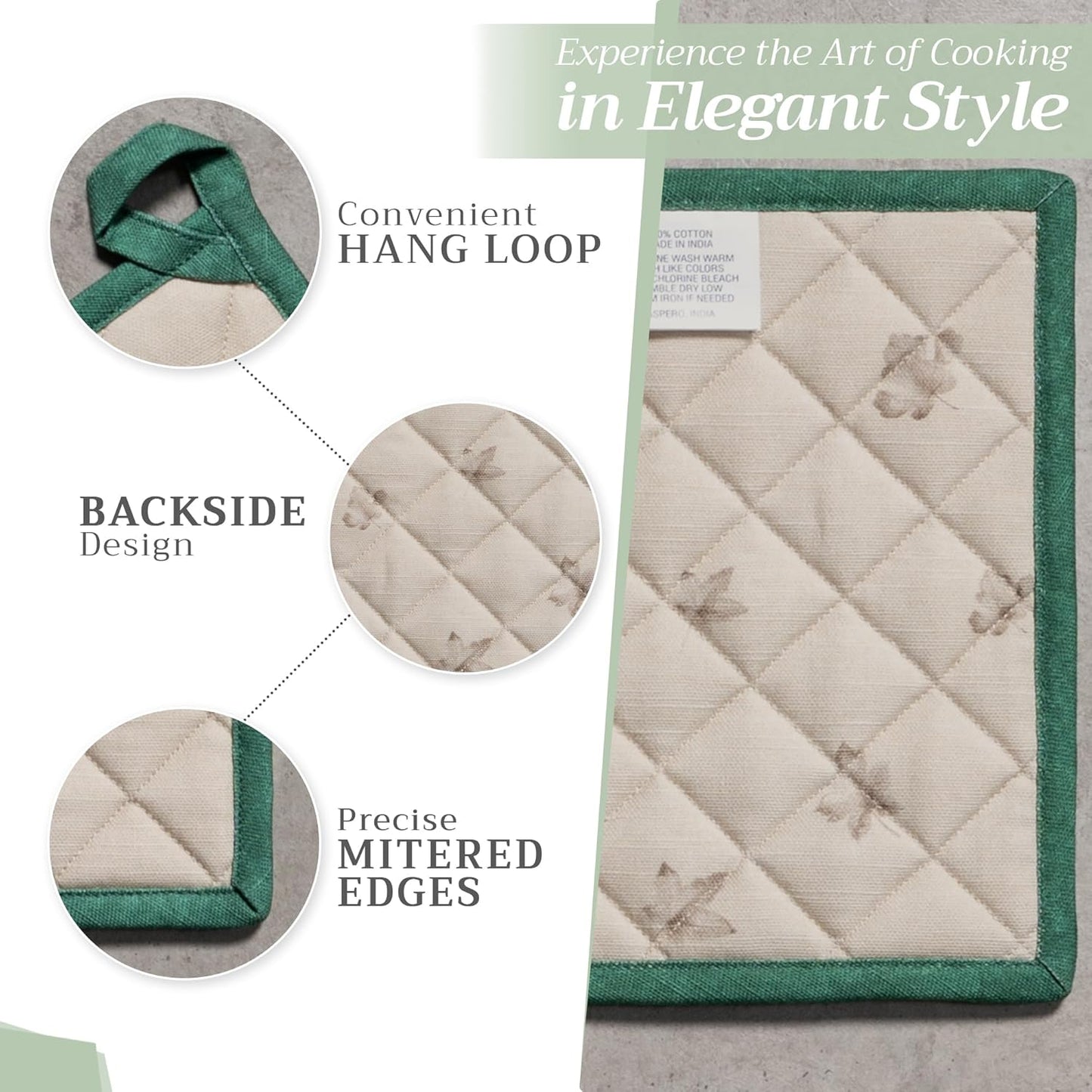 Maison d' Hermine Pot Holders Set 100% Cotton Heat Resistant Potholders 8" x 8" Hot Pads with Loop BBQ, Cooking, Baking, Grilling, Kitchen, Handling Hot Pans (Pack of 2, Recolte)