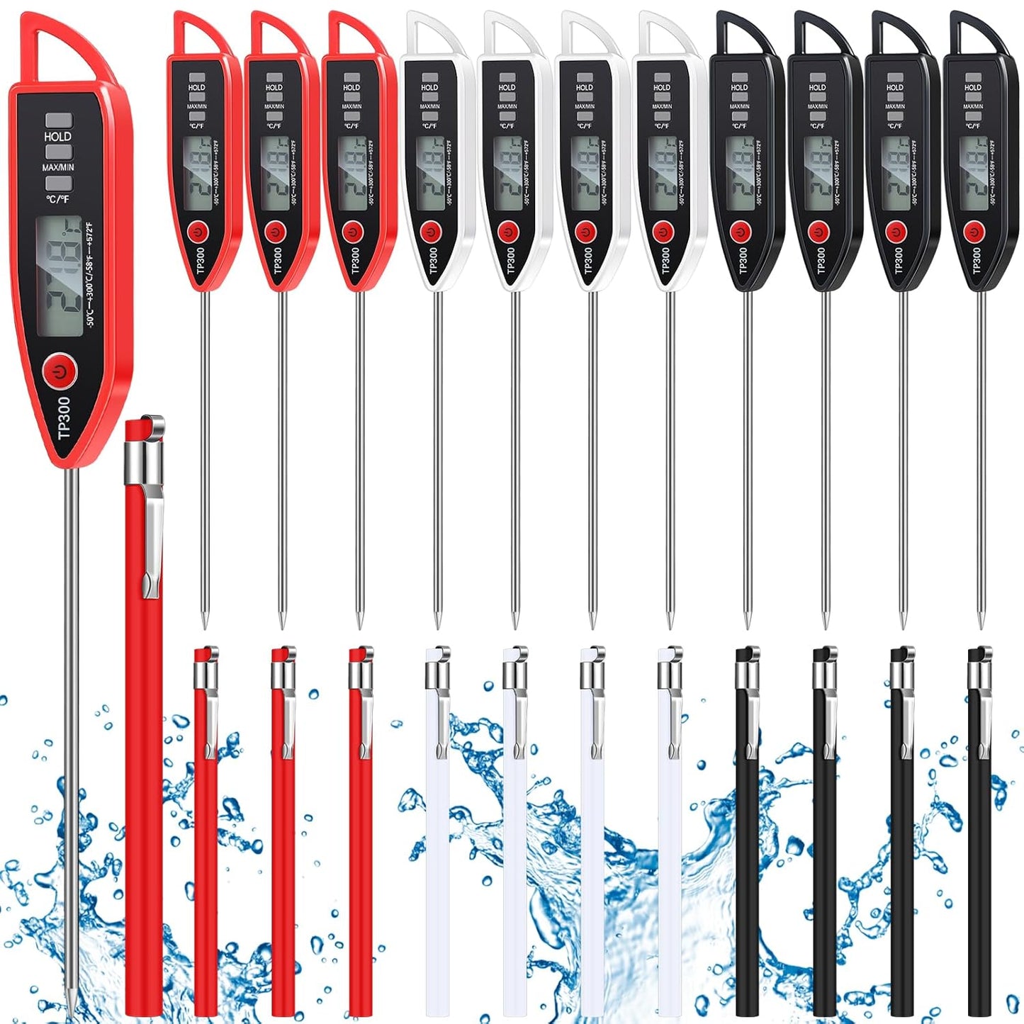 12 Set Waterproof Food Thermometer for Water, Liquid, Candle and Cooking Digital Meat Thermometer with Long Probe Instant Read for Kitchen BBQ Grill Candy (Black,White,Red)