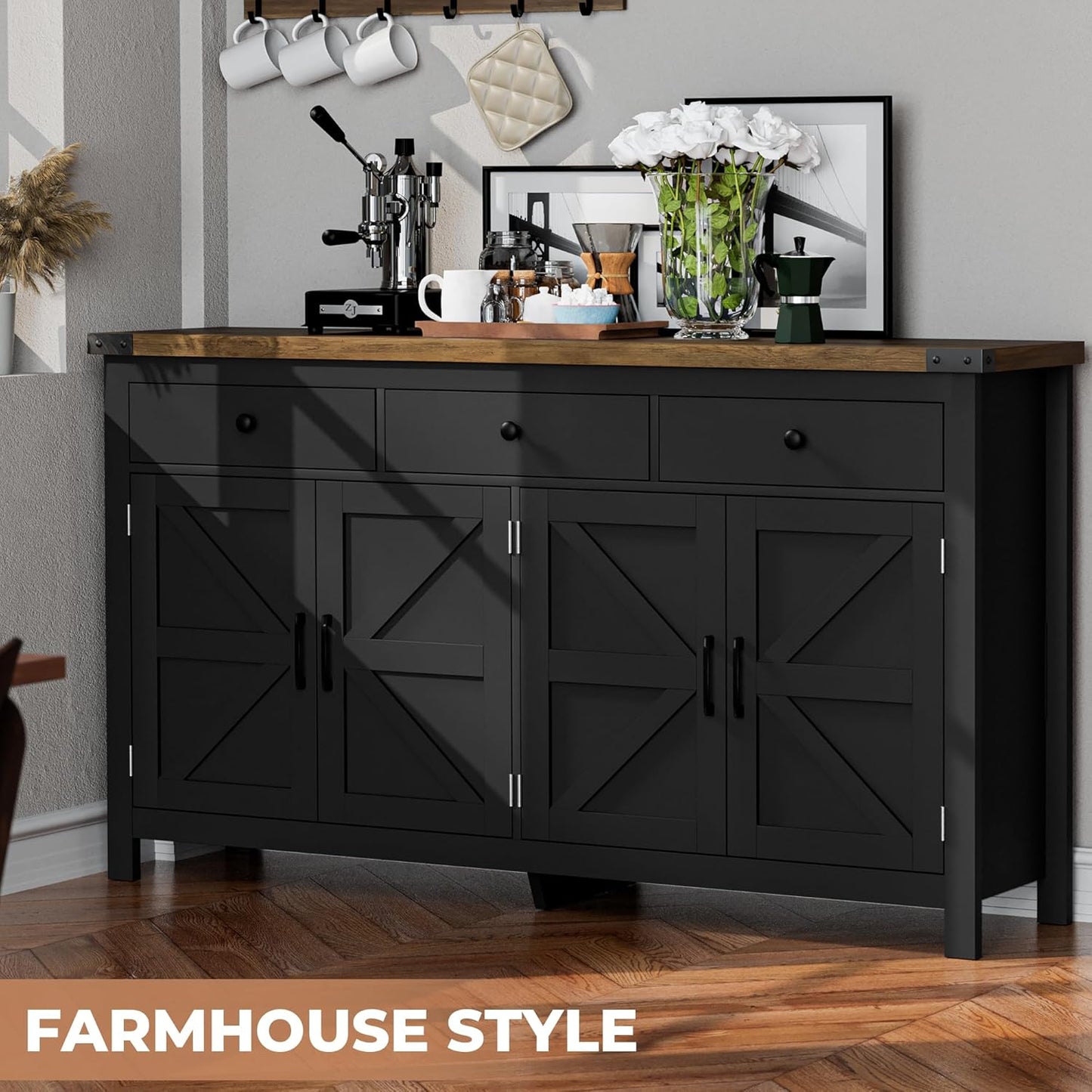 63" Sideboard Buffet Cabinet with Storage, Coffee Bar with 3 Drawers and 4 Barn Doors, Long Wider Storage Cabinet Modern Farmhouse, Black Wood, for Kitchen, Dining Room, Living Room