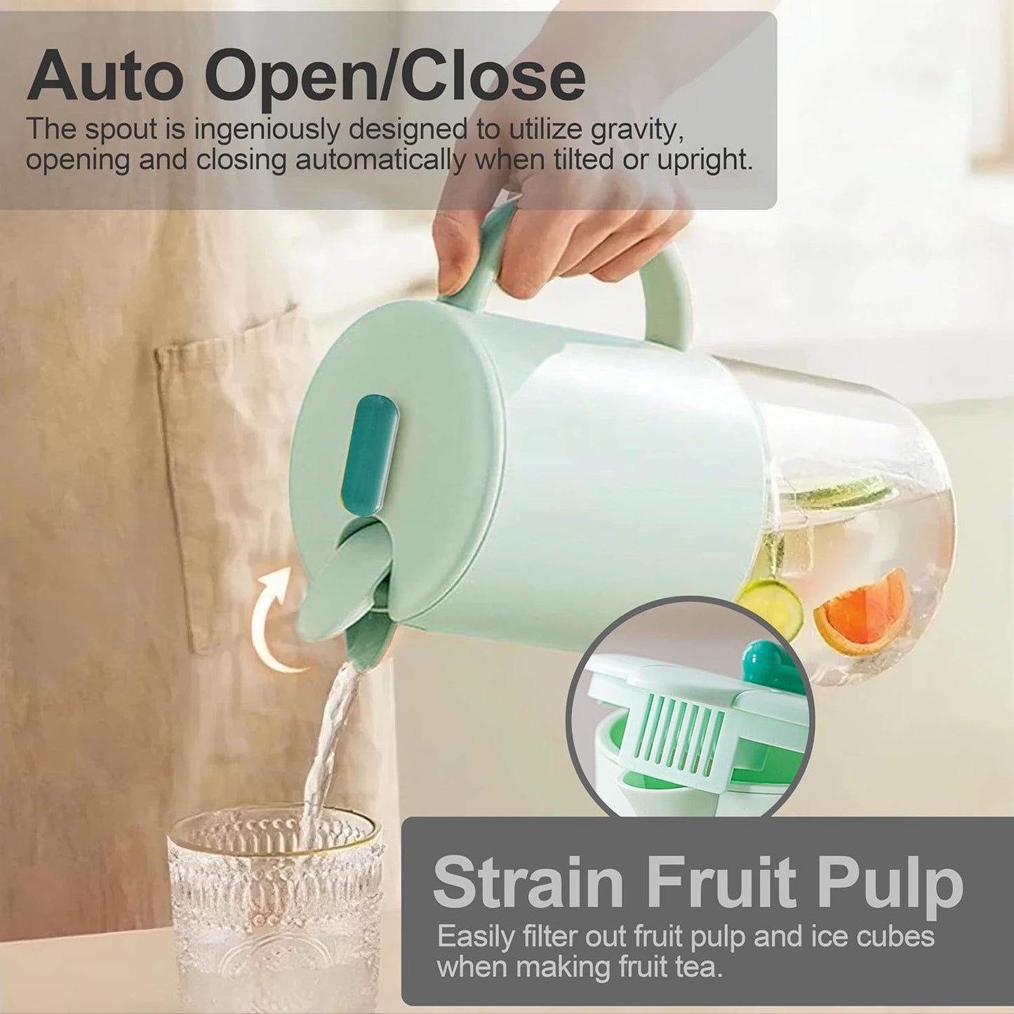 Delove Borosilicate Glass Pitcher with Lid & Auto Spout – Shatterproof Plastic Shell, Wide Mouth Design – 62 oz (1.9 Quart) Jug for Boiling Water, Iced Tea, Juice & Cold Brew Coffee (2, Light blue)