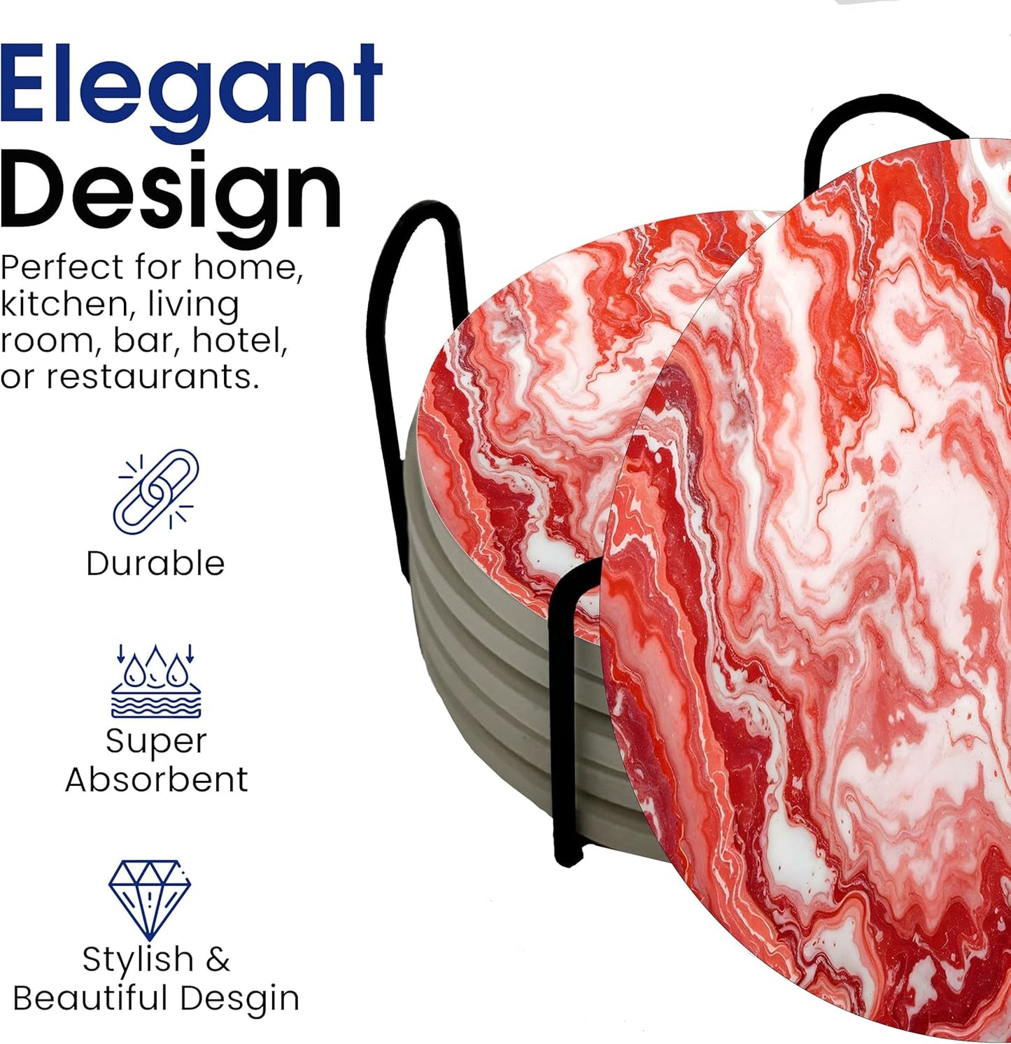 Light Red Agate Marble Round Coasters Set of 6 - Abosrbent Ceramic Coasters with Metal Stand for Drinks, Coffee, Non-Slip Cork Back for Tabletop Protection, 4 Inches Marbled Pattern (Light)