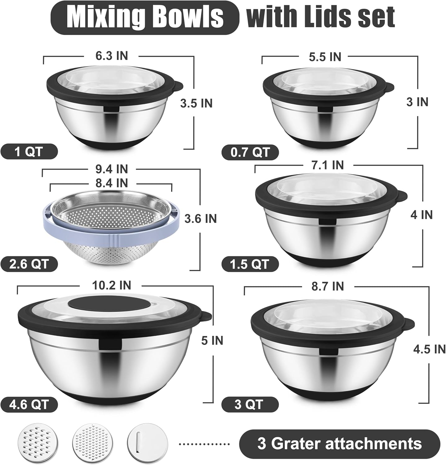 E-far Mixing Bowls with Lids Set, 15PCS Stainless Steel Mixing Nesting Bowl with Colander & 3 Metal Grater for Kitchen Prep/Baking/Storage, Non-Slip Bottom & Airtight Lid, 4.6, 3, 1.5, 1, 0.7QT, Black