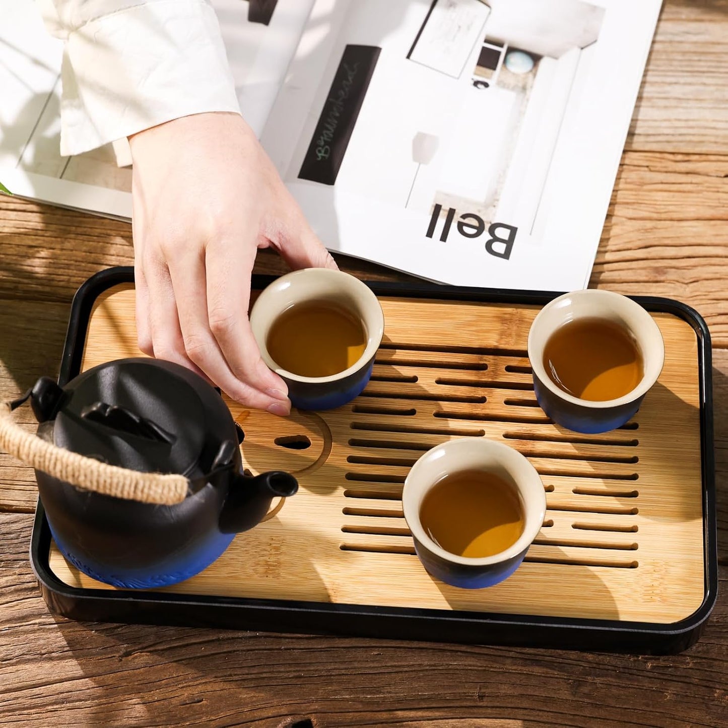 LURRIER Gongfu tea sets, Portable Ceramic TeaSet, Asian Tea sets for adult, Tea Gift sets, Grey leather case, Portable Travel Bag,Home,Gifting,Outdoor and Office(Black and Blue)