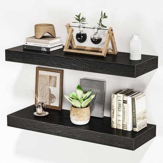 Floating Shelves for Wall, 24" W x 6.7" D x 1.5" H, Wooden Wall Mounted Display Shelves with Invisible Brackets for Living Room, Bedroom, Bathroom, Kitchen Decor and Storage, Set of 2, Black