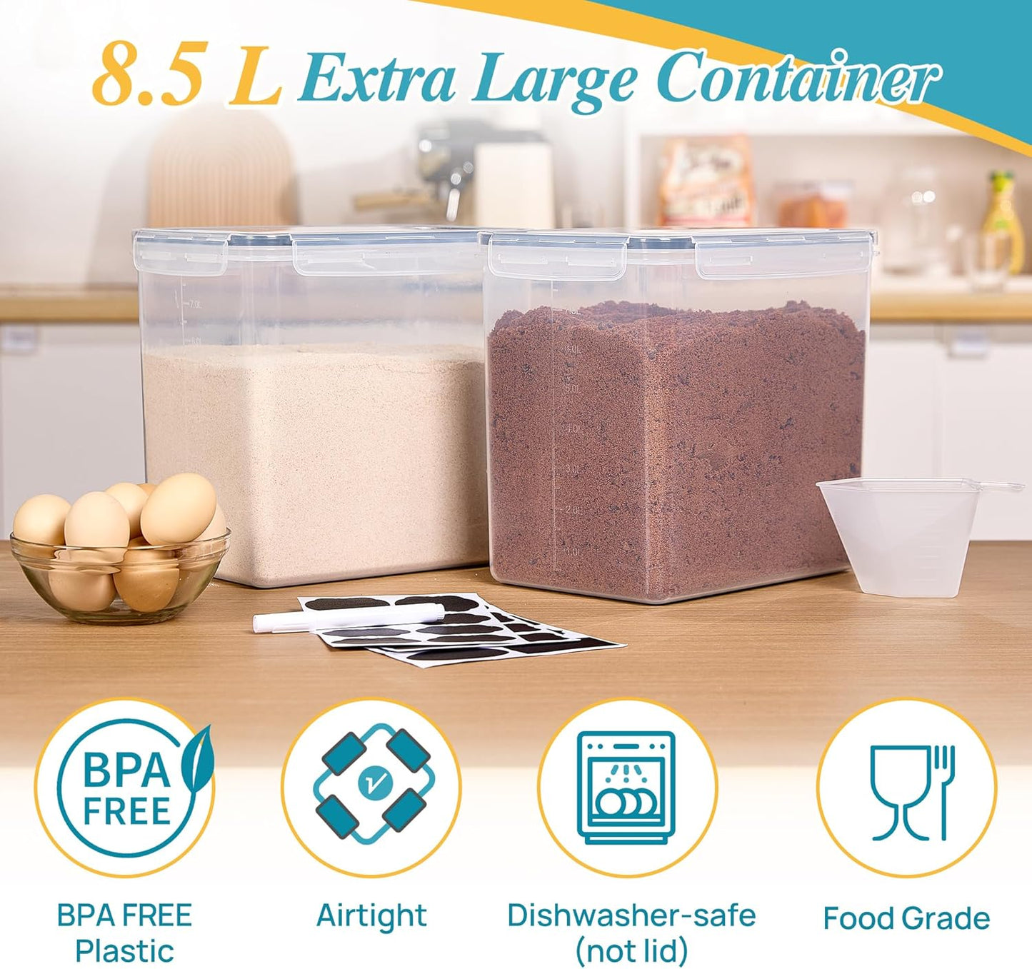 Vtopmart 8.5L 2 Pack Extra Large Flour Sugar Storage Containers for 20lbs flour, Airtight Kitchen Pantry Organization Canisters with Lids for Bulk food, Rice, Baking Supplies, BPA Free, Black