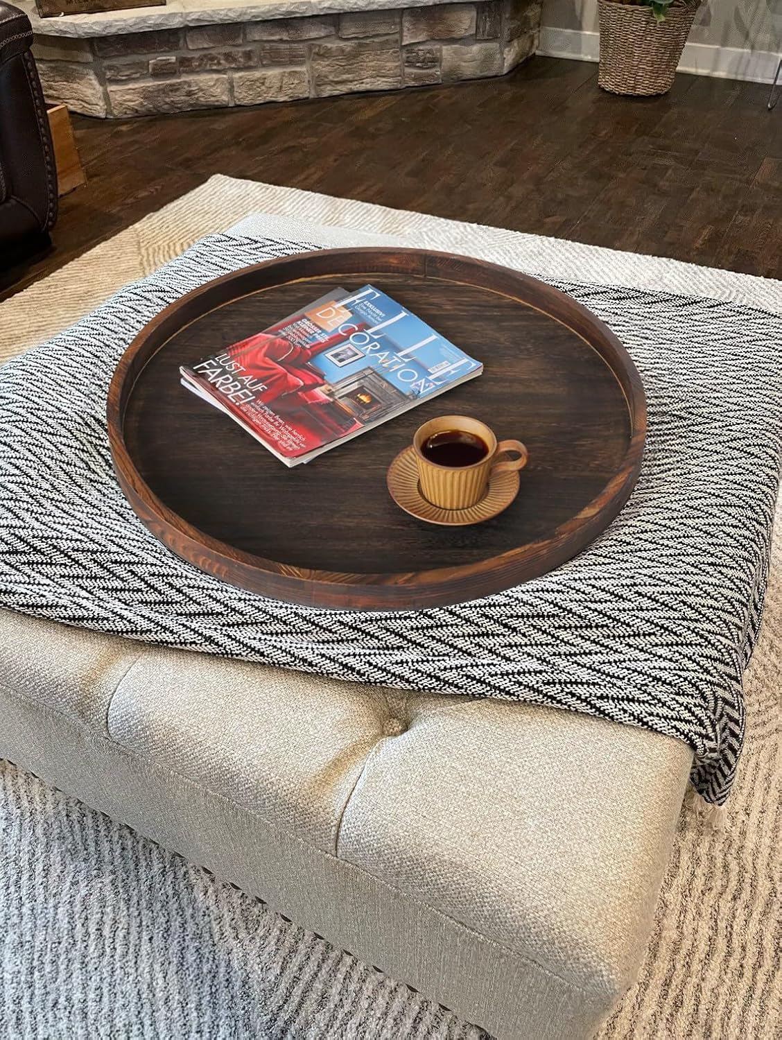 Extra Large Round Ottoman Table Tray Round-24 - Rustic Wooden Serving Tray for Farmhouse Decorative Oversized Coffee Table Trays Living Room Kitchen Counter Breakfast Brown