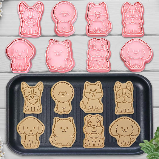 8 Dog Cookie Cutters Set, 3D Puppy Cookie Stamps, Cupcake Pancake Apple Pie Pastry Biscuit Molds, Cookie Baking Molds for Dog Party Decorations (Puppy)