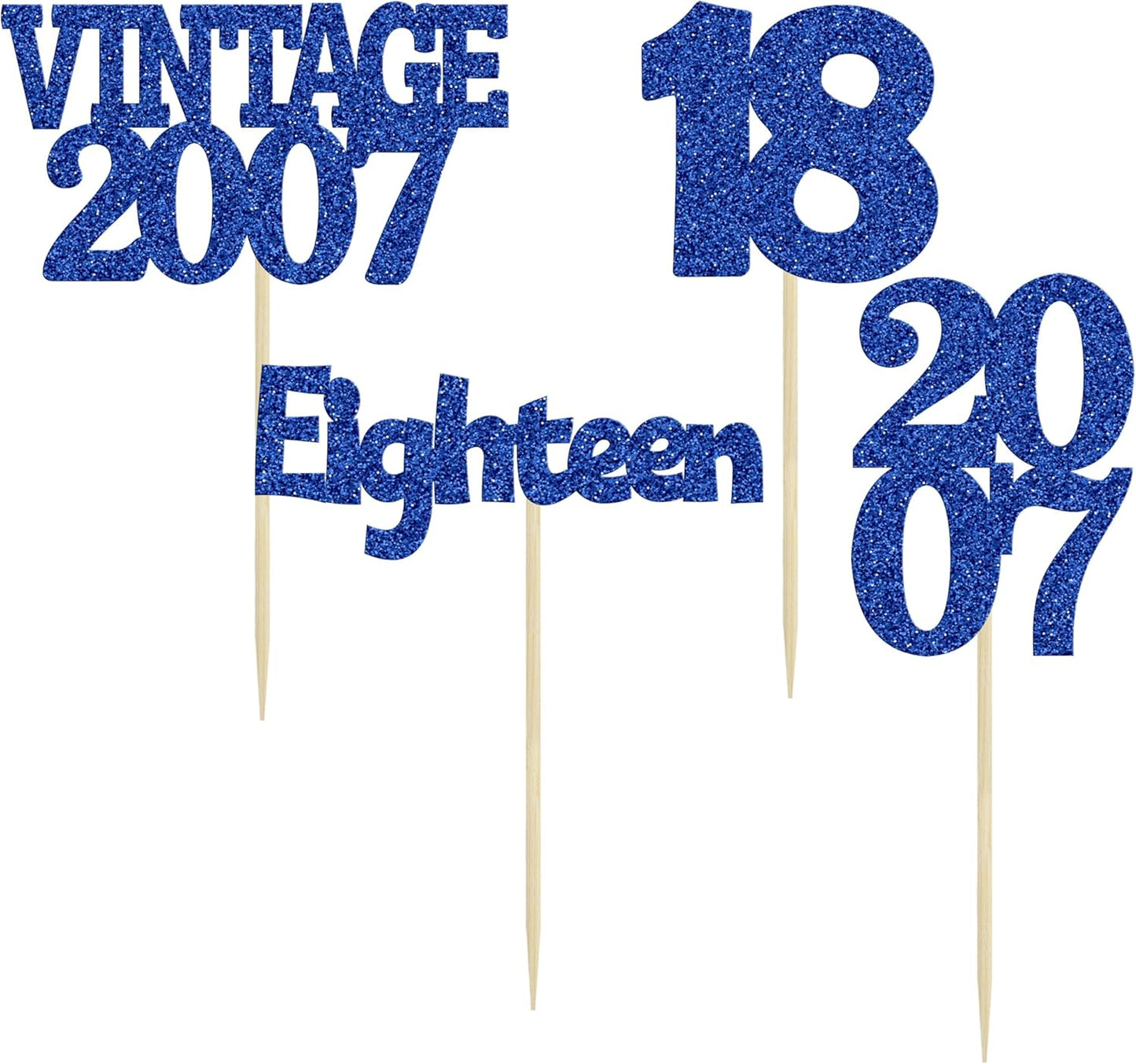 Gyufise 24Pcs 18th Birthday Cupcake Toppers Glitter Eighteen Vintage 2007 Adultish 18 Cupcake Picks Birthday Cake Decorations for Happy 18th Birthday Anniversary Party Supplies Deep Blue